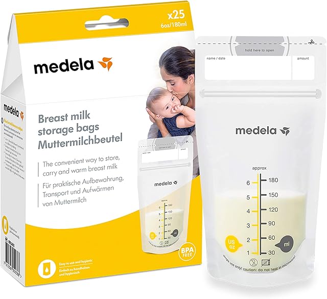 Medela Set of 180 ml Breast Milk Storage Bags - Pack of 25 BPA-free breast milk collection pouches with double zip, quick freeze and thaw