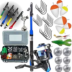 Kit de Pesca Completo com Vara, Molinete, Linha, Estojo, Anzóis, Chumbadas, Boias e Isca