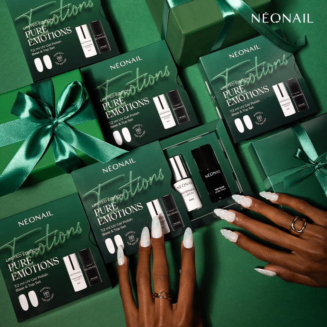 NÉONAIL Zestaw do Manicure Hybrydowego PURE EMOTIONS - baza & top - Minimalist Color Base Snow Tone 7,2 ml & Top Glow Shiny Flakes 7,2 ml