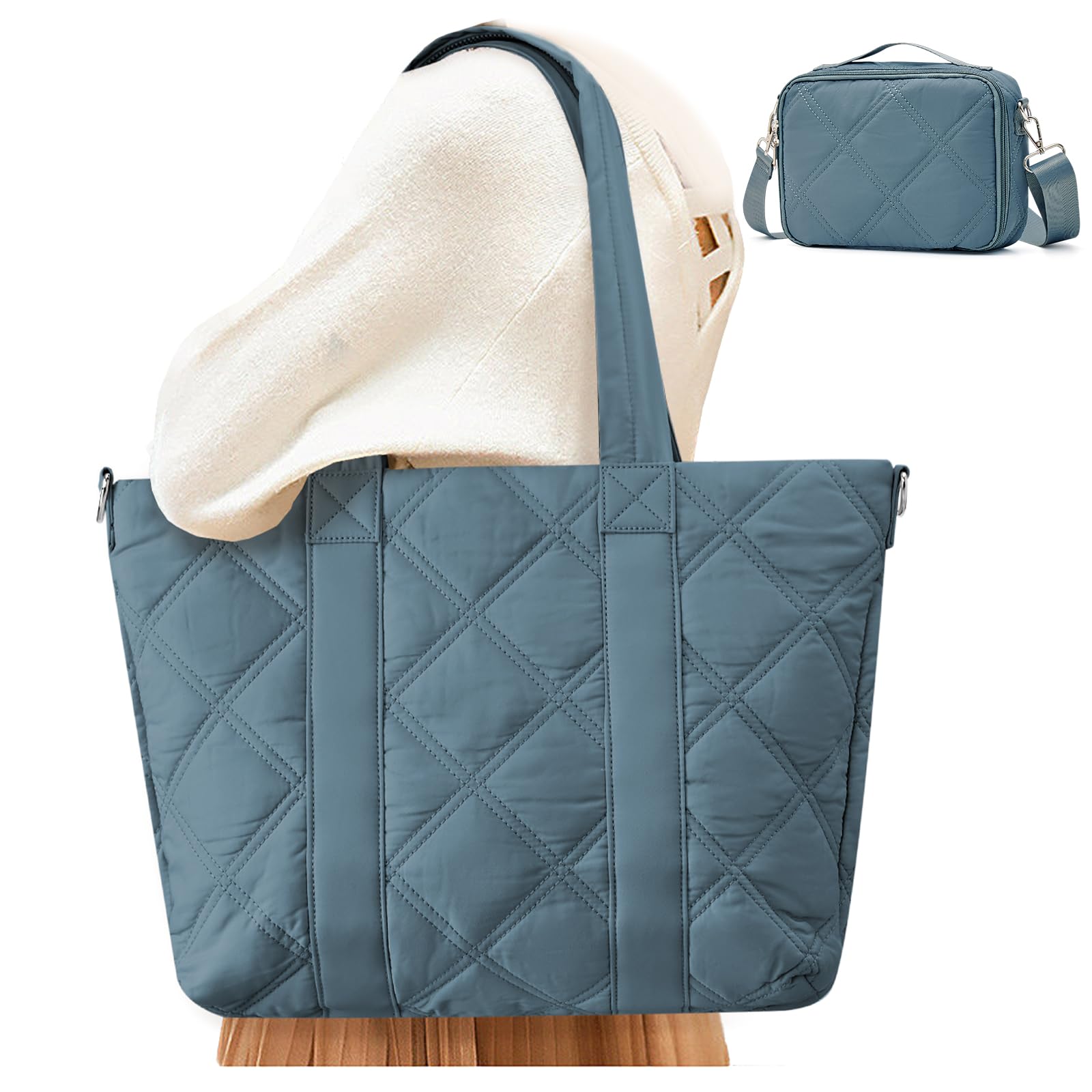 SYCNB Laptop Tote for Women, Travel Shoulder Bag with Laptop Compartment, Quilted Purse with Toiletry Bag