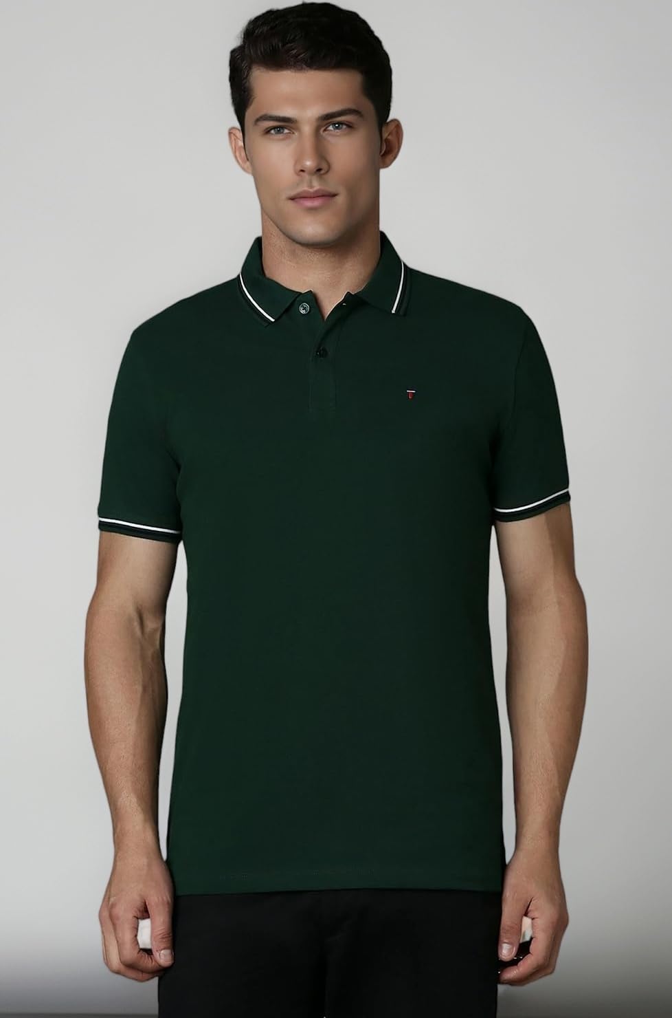 Men's Slim Fit Textured Collar and Cuff Solid Pique Half Sleeve Polo T-Shirt with Stretch
