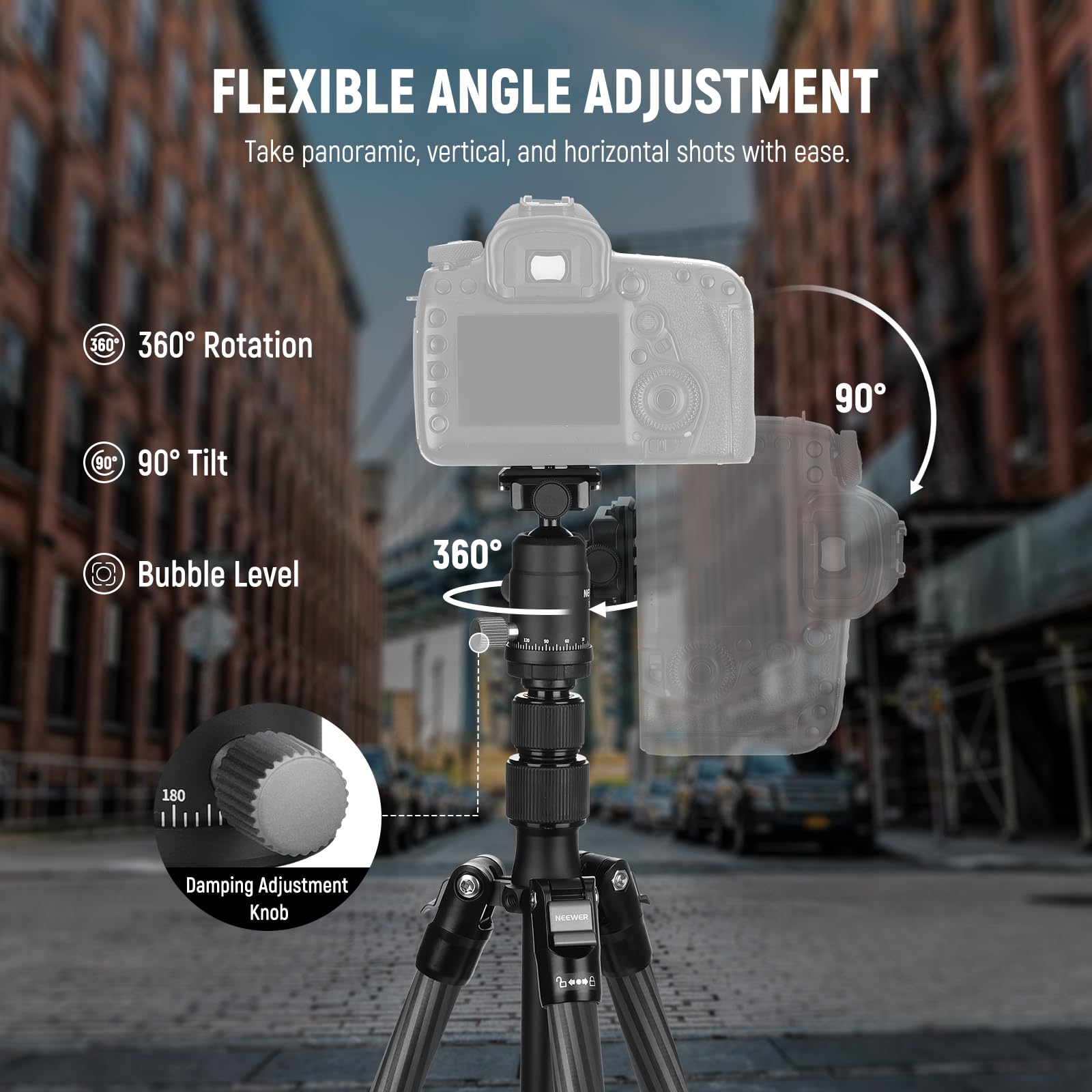 NEEWER Monopod statywu do aparatu z włókna węglowego, 165 cm, lekki, kompaktowy, przenośny, podróżny, głowica kulowa 360°, antypoślizgowa płyta QR, odwrócona oś centralna, dwustronne nogi, maksymalne