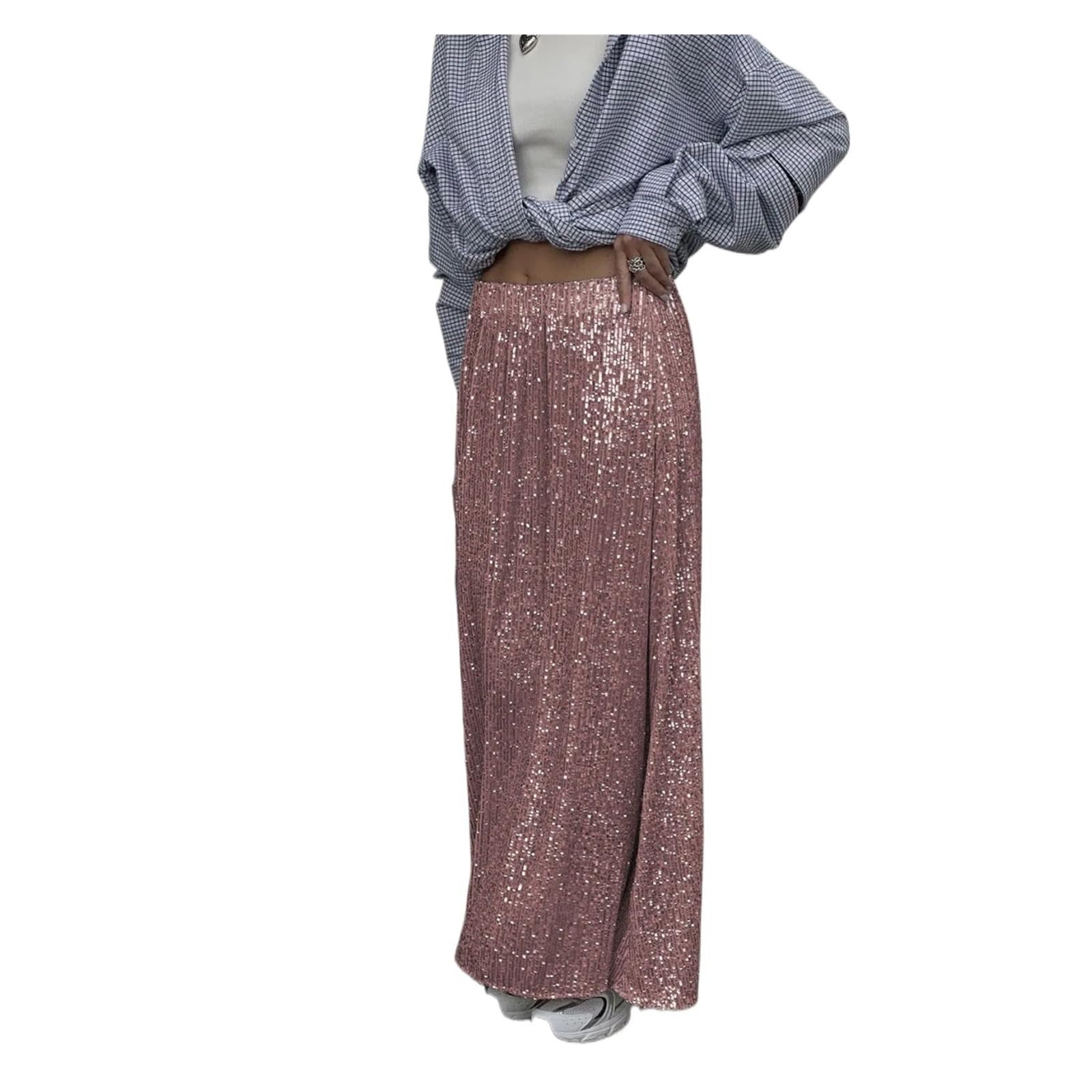 Falda Lentejuelas Faldas for Mujer, Falda Larga Lisa con Lentejuelas, Falda Femenina Elegante de Cintura Alta, Ropa de Calle de Vacaciones for Mujer(Rose Red,L)