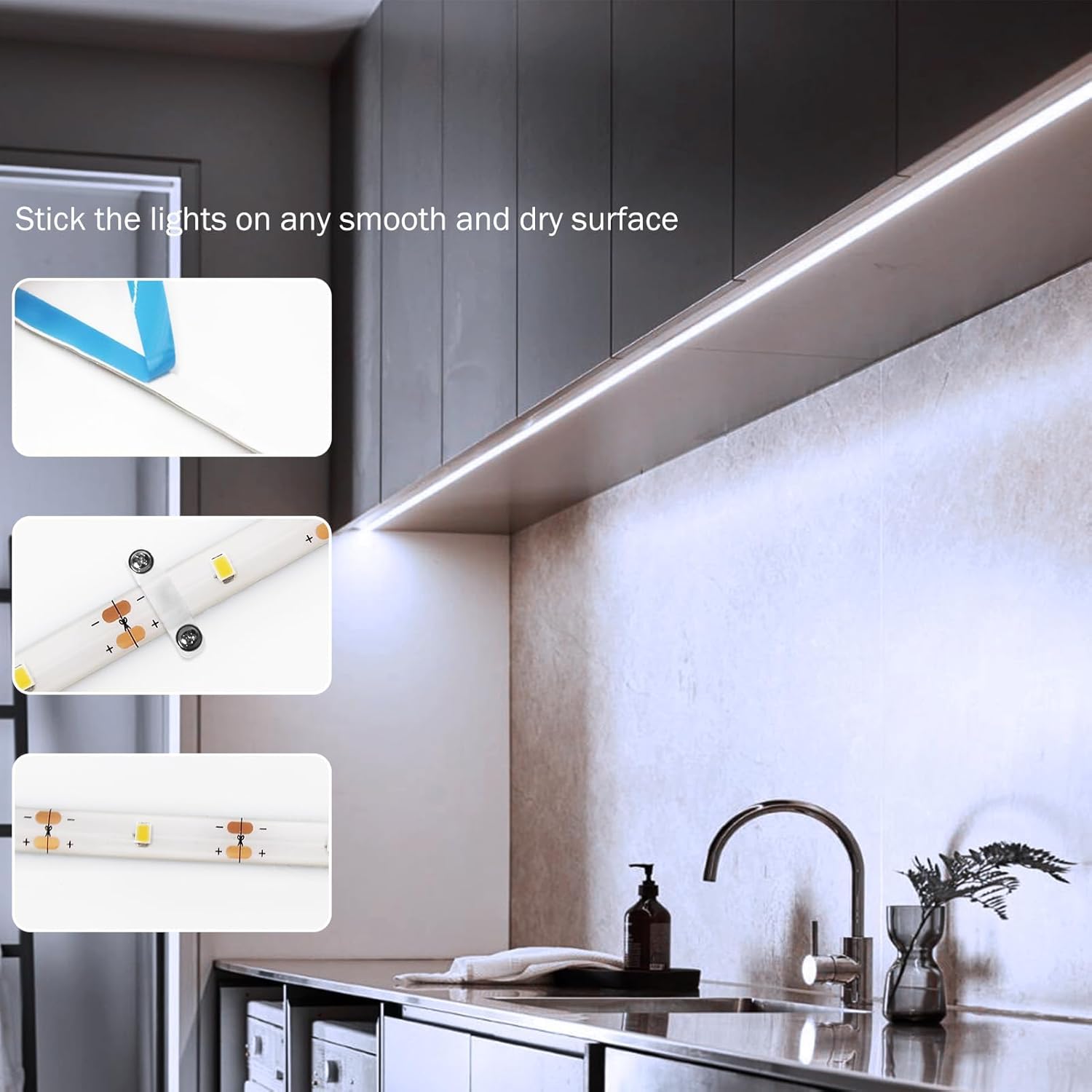 BSGlobal 2 Pack Battery Powered LED Strip Lights, High Brightness LED Strip Lights 9.8Ft 90 LED, Cuttable Under Counter Click Light for Kitchen Cabinet Closet Shelves (Cool White)