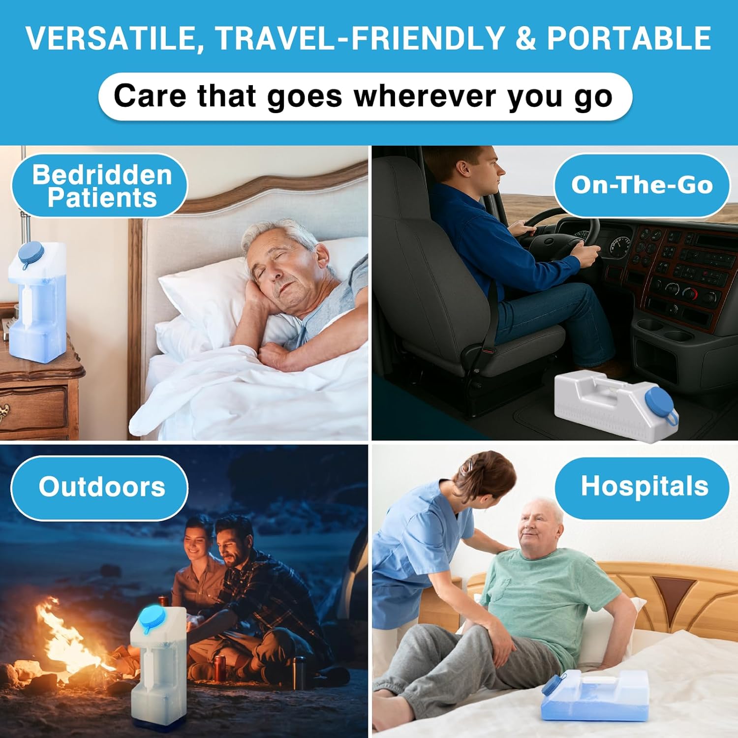 Four images showing the Tilcare Portable Urinal being used by bedridden patients, on-the-go (in a truck), outdoors (camping), and in a hospital setting.