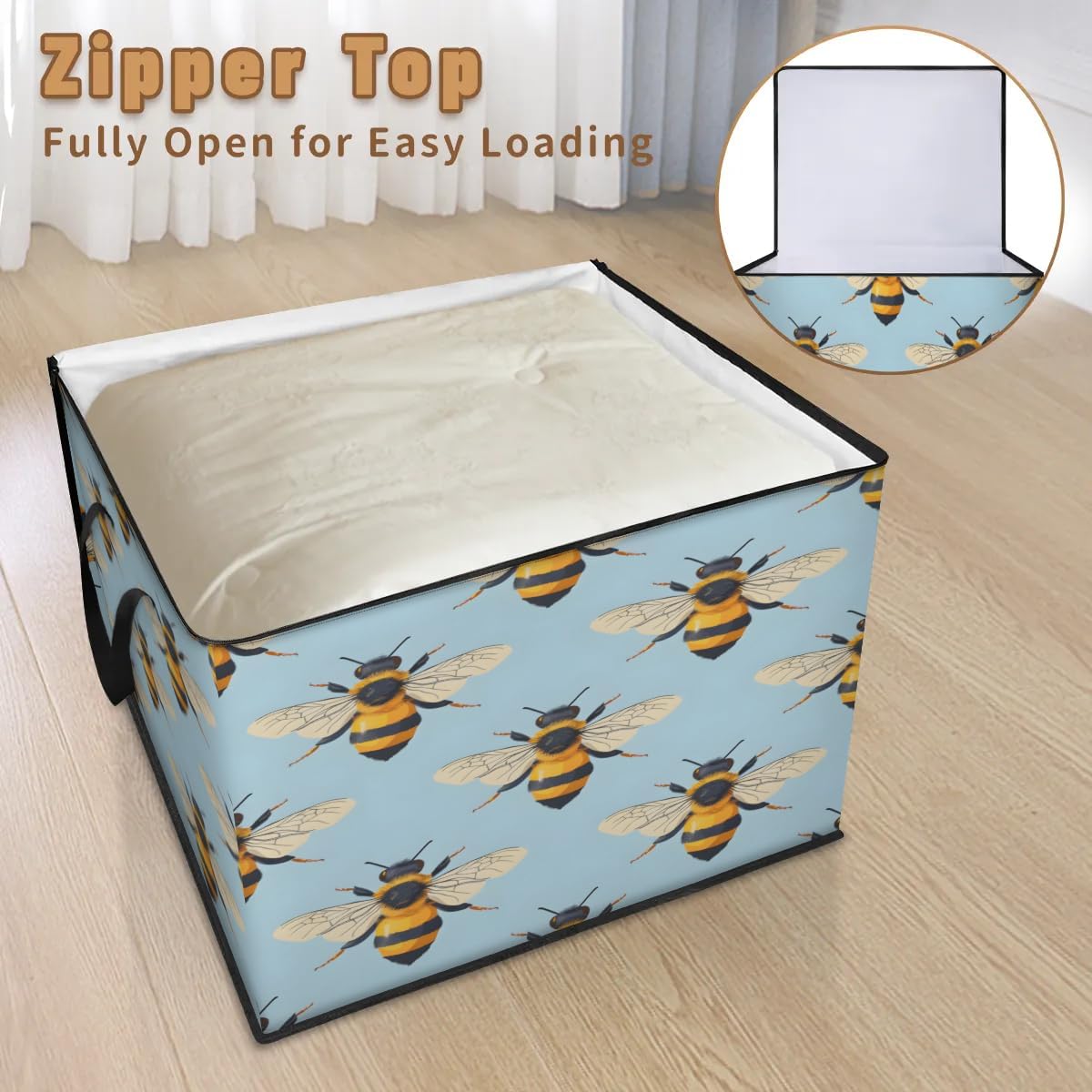 Honeybaby 214L Extra Large Comforter Storage Bag Bee Pattern Storage Totes with Lids Waterproof Closet Organizer Folding Blanket Storage Bags for Clothes Bedding Pillows