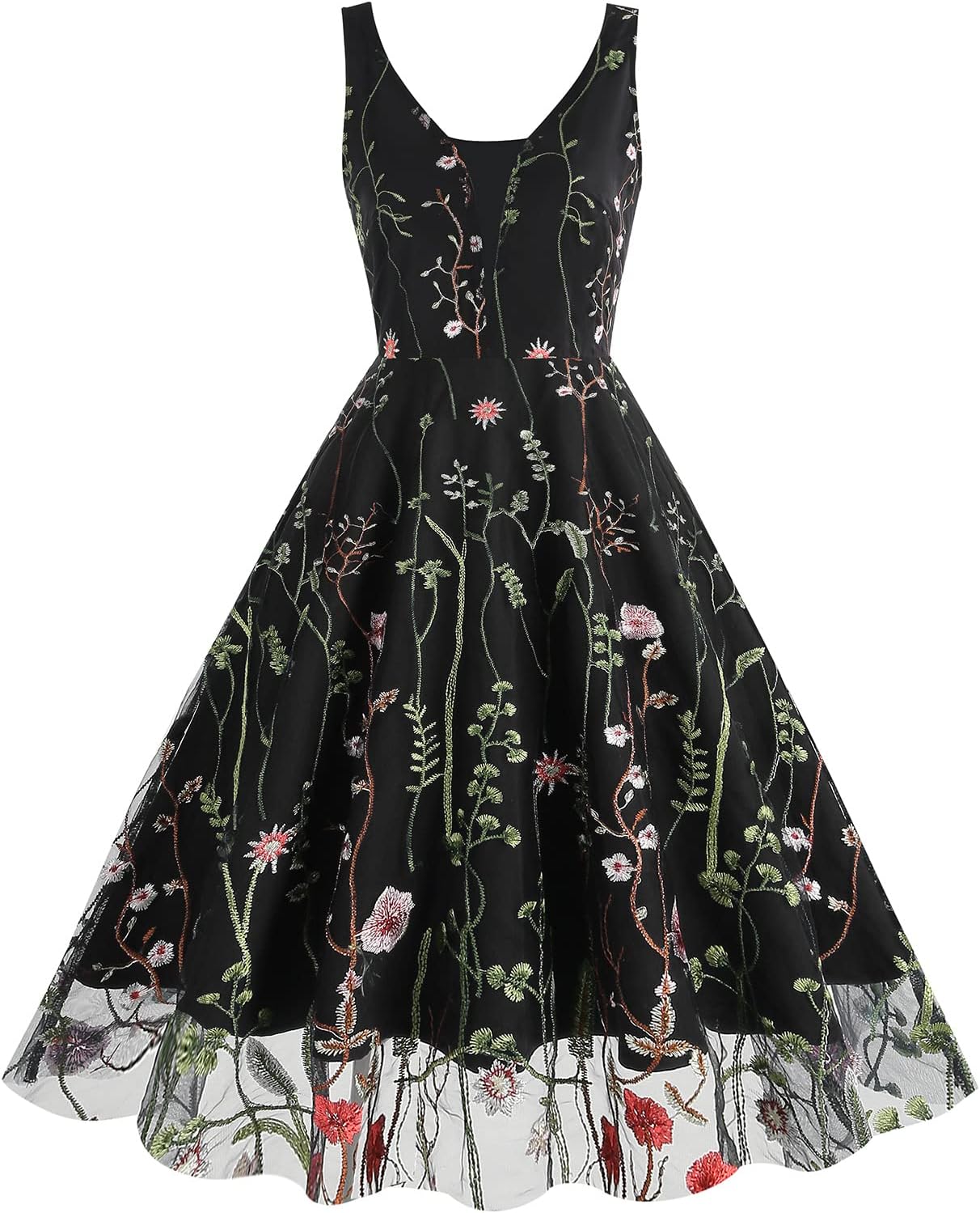 Women Keyhole Floral Embroidery Dress Sheer Mesh Illusion Vintage Cocktail Swing Dress Wedding Party Prom Tulle Evening Dress