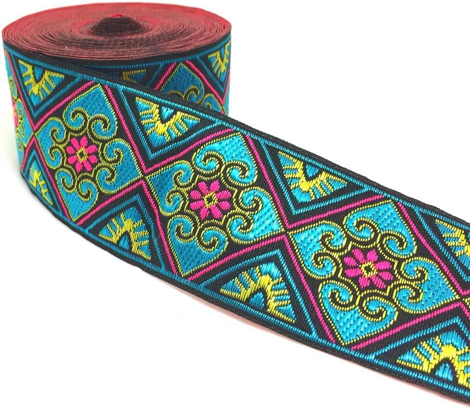 LaceQiao 2" 5cm 8yard/lot Woven Jacquard Ribbon Black Background Blue Flowers Pattern Straps and Belt lace