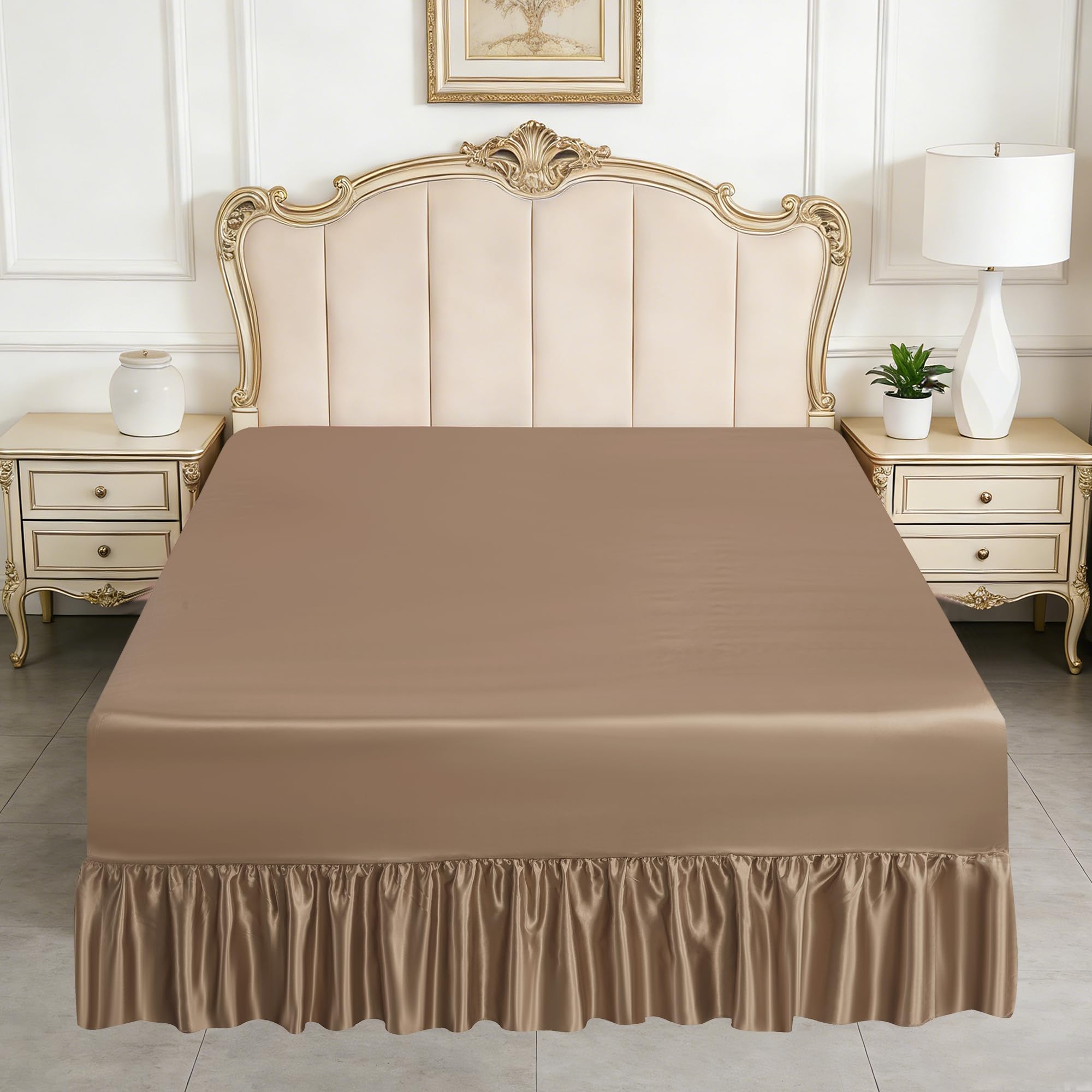 Satin Valance Sheet for Divan Base – Smooth Luxury Satin Fitted Sheet with 30cm Box & Bed Skirt with 35cm Drop Soft Easy Care Silky Bedding for UK Beds (Mink, Double)