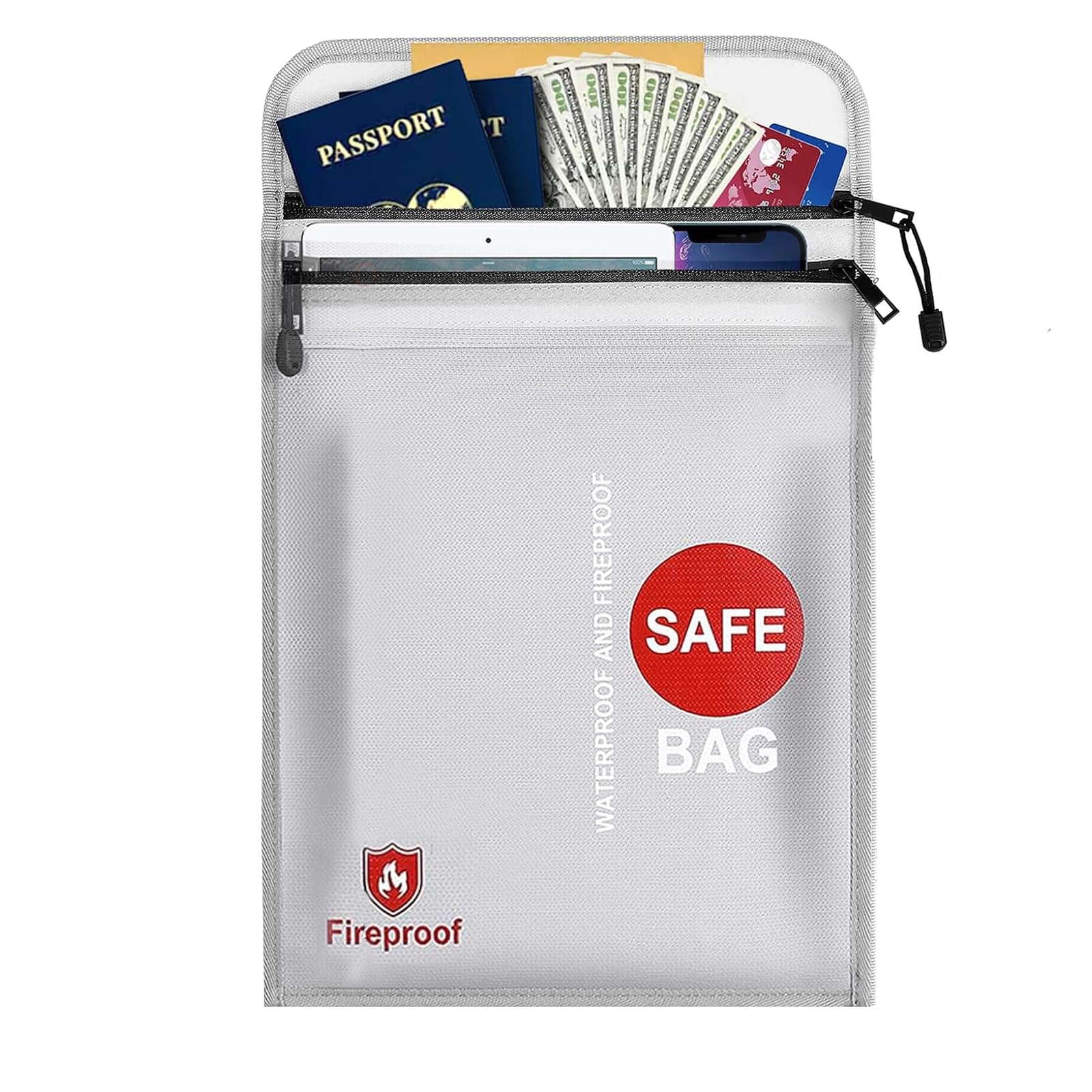xocome Fireproof Document Bag，Two Pockets Waterproof Fire Resistant ，Fireproof Money Safe Document Bag 15 x11 Inches Set with Zipper ，Fireproof Safe Storage for Money, Documents, Jewelry and Passport