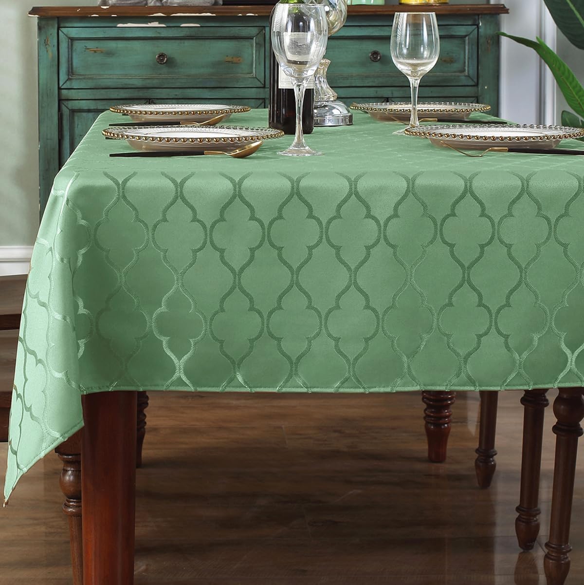 SASTYBALE Spring Summer Jacquard Tablecloth Flower Pattern Polyester Table Cloth Spill Proof Wrinkle Resistant Table Cover for Kitchen Dining (Rectangle/Oblong, 132 x 182 CM (4-6 Seats),Sage Green)