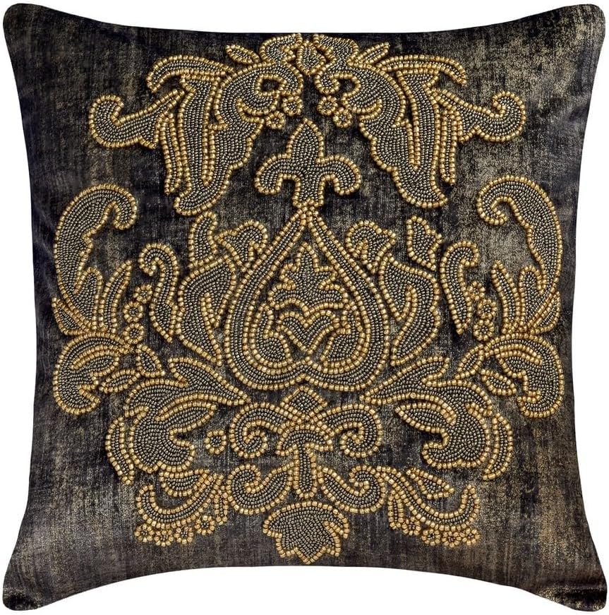 The HomeCentric Euro Sham, Grey 26"x26" (65x65 cm) Throw Pillows, Velvet Beaded, Damask & Foil Throw Pillows for Couch, Abstract Pattern Victorian Halloween Decorations - Aureate Graphite