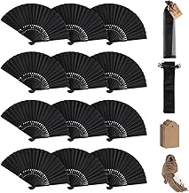 SWAWIS 28 Pieces Black Fabric Folding Fan with 30 Organza Bags and Thank You Cards, Bamboo Fans for Weddings, Christenings, Party DIY Decorations