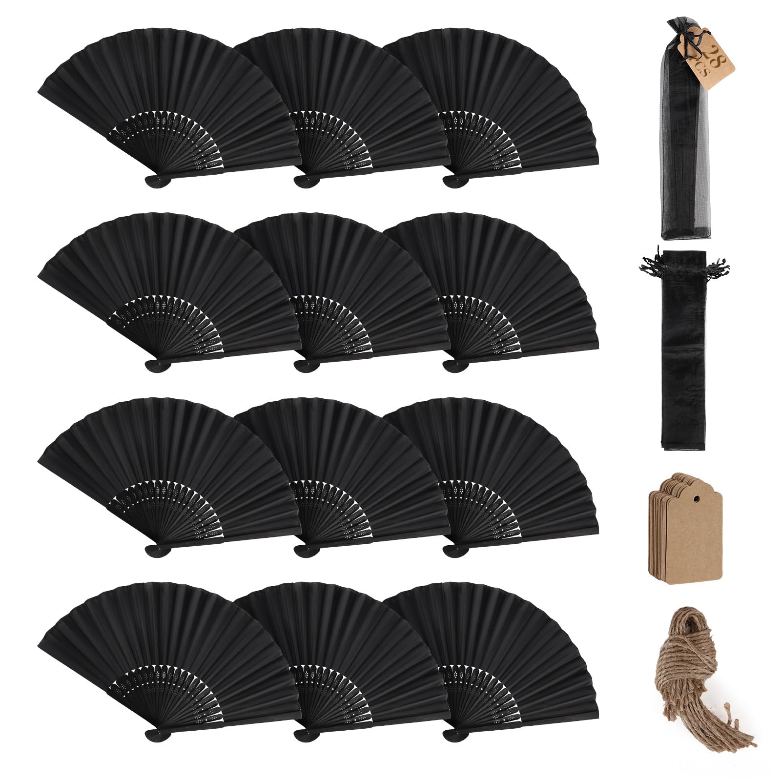 SWAWIS 28 Pezzi Nero Ventilatore in Tessuto, Ventaglio Pieghevoli con 30 Sacchetti di Organza e Biglietti di Ringraziamento, Ventagli di bambù Colore Solido per Matrimoni Decorazioni Battesimo DIY