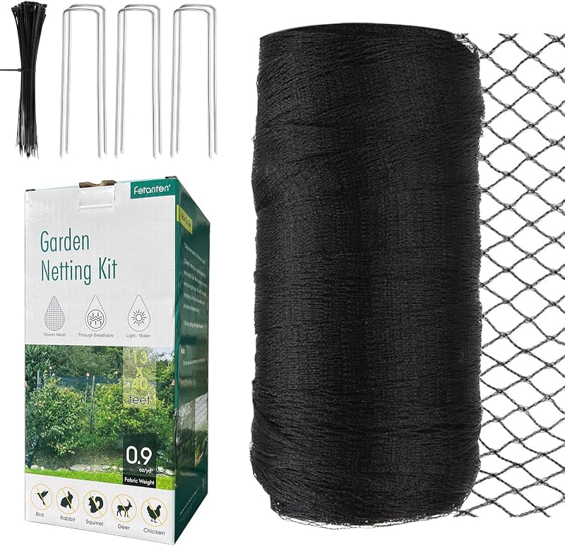 Bird Netting for Garden, Fetanten 13 x 40 FT Netting for Garden Protection | Heavy Duty Woven Bird Mesh Garden Netting for Vegetable Fruit Trees Blueberry Against Deer Chicken Poultry with Ties, Staples