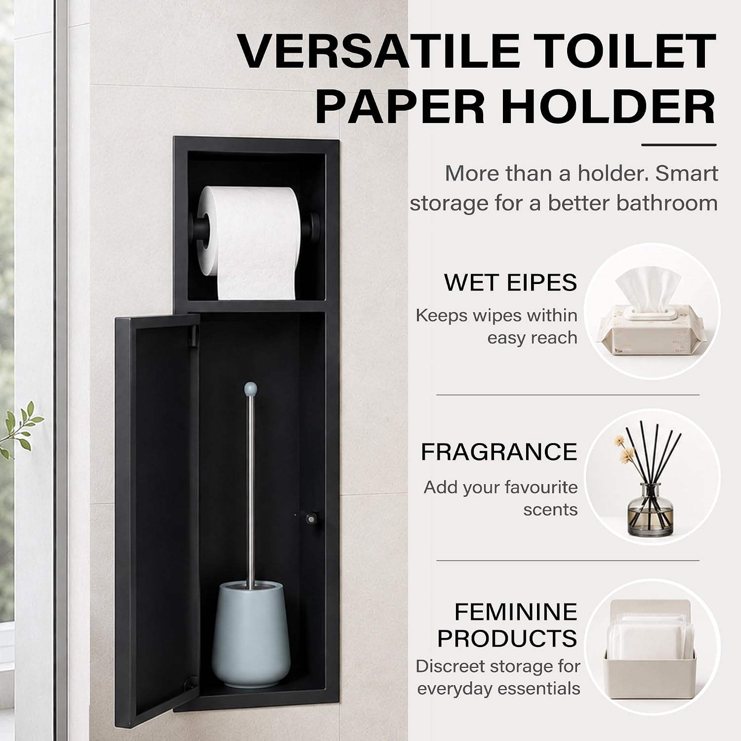 Recessed Toilet Paper Holder with Storage, 304 Stainless Steel, 25"x6" image 5