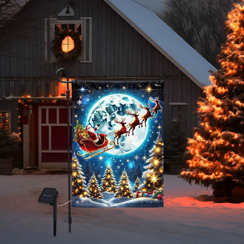 Lighted American Flag-Christmas Santa Claus Flying Sleigh Reindeer Moon Solar LED Garden Flag TQN4127SF, Garden Flag (11.5" x 17.5")-USA Flags Premium Polyester-Decorative Indoor Outdoor Flag