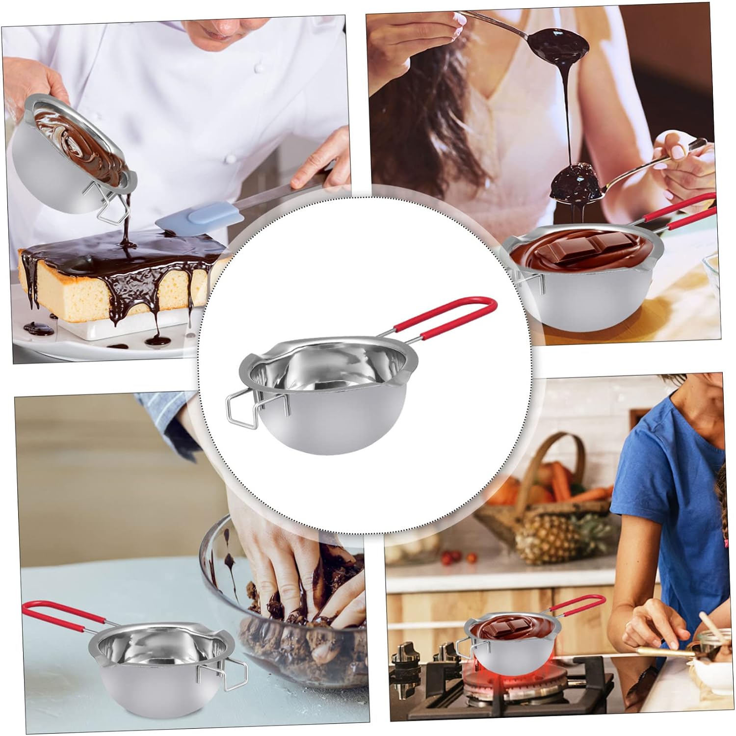 304 Stainless Steel Melting Pot Lid and Silicone Handle Chocolate and Butter Warmer for Cooking and Baking for Candy Melting and Milk Heating