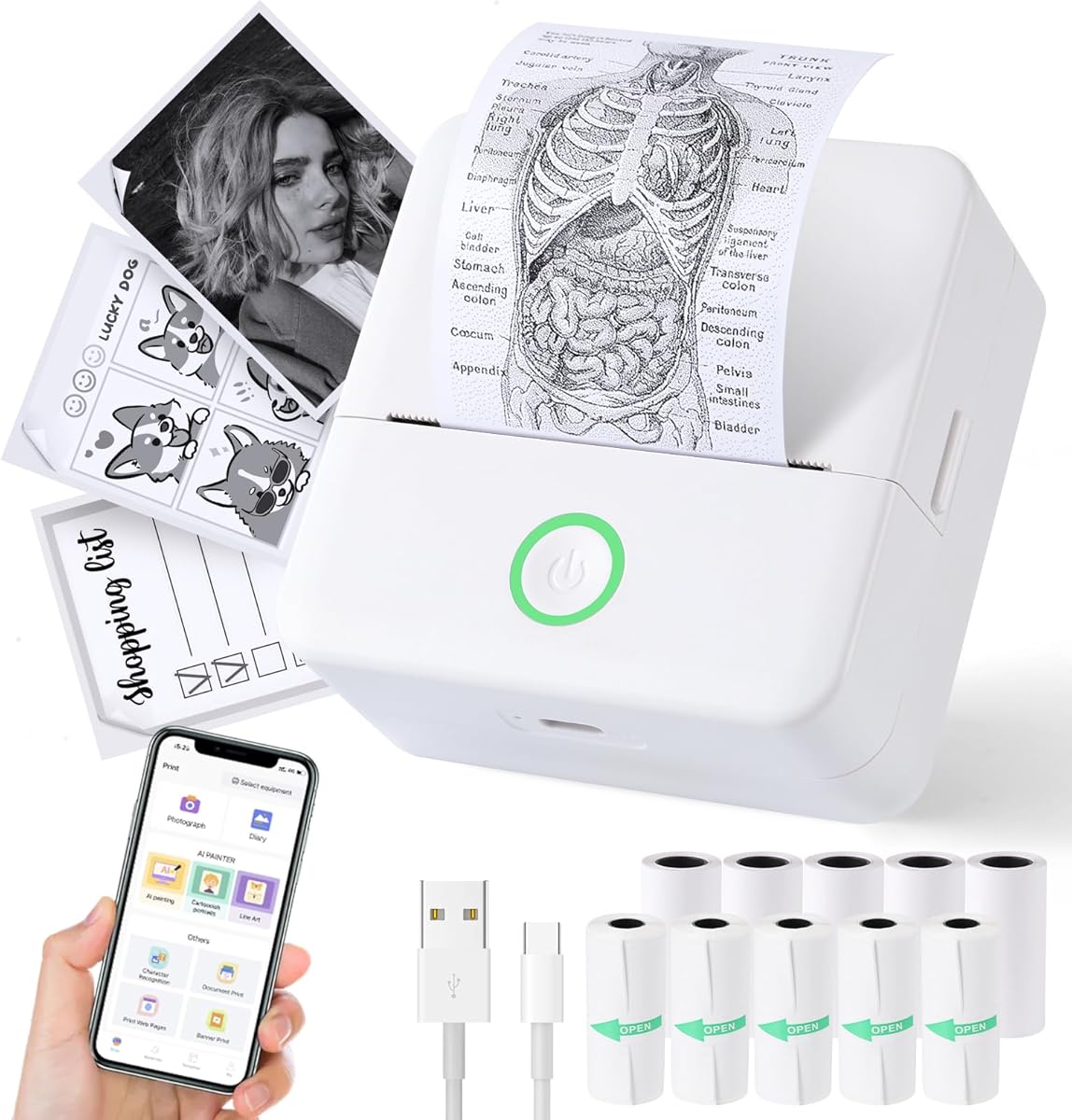 cudinham Print Pods Mini Printer, Thermal Inkless Sticker Maker with 10 Rolls Printing Paper, Pocket Printpod for Phone, Impresora Portátil for Notes, DIY, Compatible with iOS & Android (White)