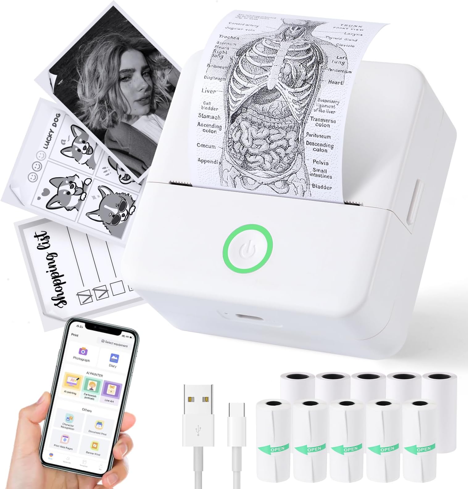 cudinham Print Pods Mini Printer, Sticker Printer with 10 Rolls Thermal Printing Paper, Inkless Pocket Printpod for Phone, Impresora Portátil for Notes, DIY, Compatible with iOS & Android (White)