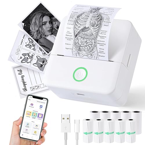 cudinham Print Pods Mini Printer, Sticker Printer with 10 Rolls Thermal Printing Paper, Inkless Pocket Printpod for Phone, Impresora Portátil for Notes, DIY, Compatible with iOS & Android (White)