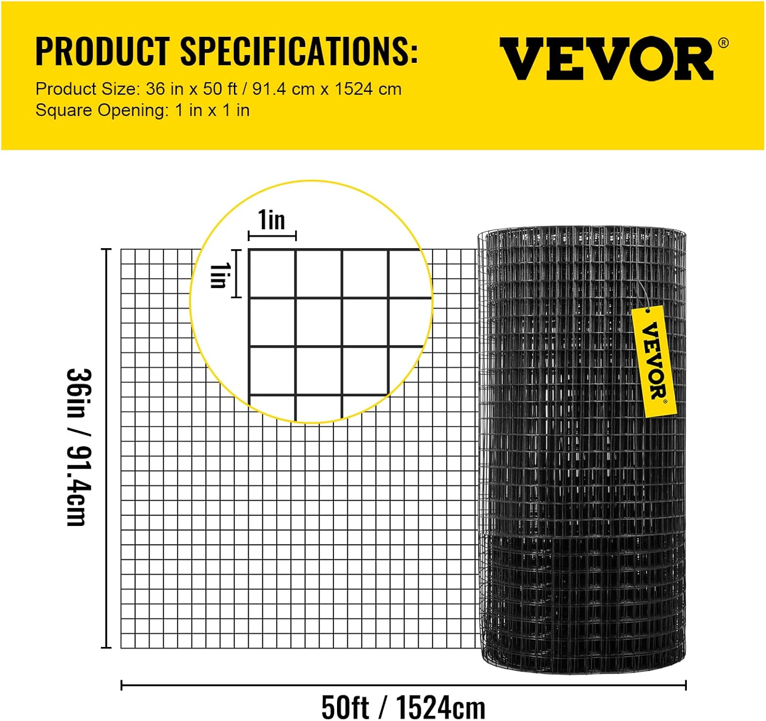 VEVOR Hardware Cloth, 36" x 50' & 1"x1" Mesh Size, Galvanized Steel Vinyl Coated 16 Gauge Welded Wire w/A Cutting Plier & A Pair of Fabric Gloves, for Garden Fencing & Pet Enclosures, Black