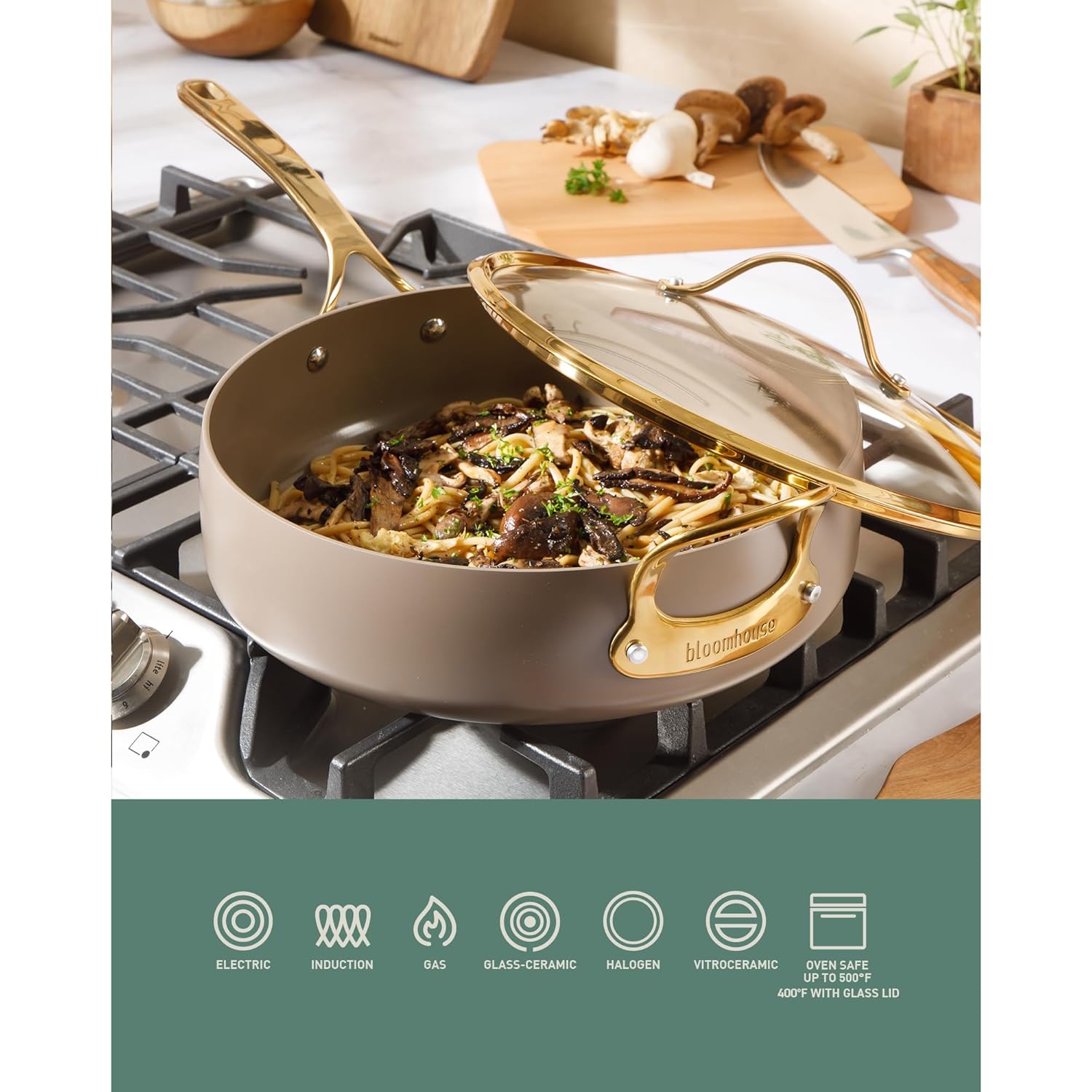 Bloomhouse - Two Time Oprah's Favorite Things Winner - 6 QT Heavy Duty Aluminum Premium PFA Free Ceramic Nonstick Saute/Deep Frying Pan Skillet with Lid - Cappuccino Cream with Gold Handle - Image 5