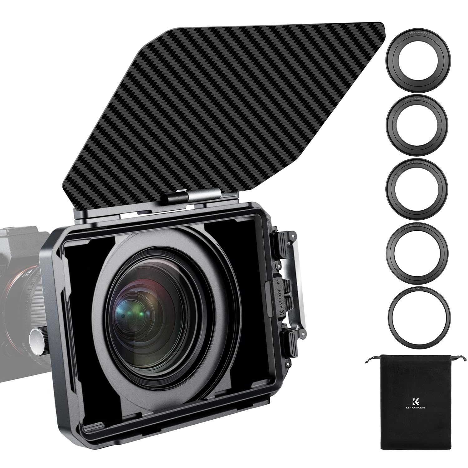 K&F Concept Matte Box, DSLR Camera Matte Box with Carbon Fiber Top Flag, with 67/72/77/82/95mm Adapter Rings for 4x5.65 ND UV Filter/Circular Filter