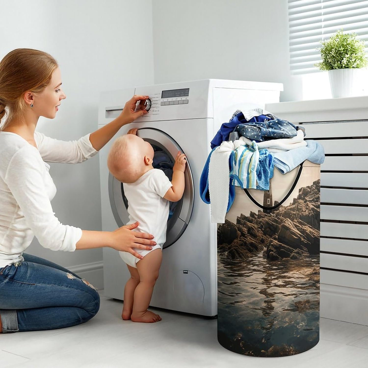 Large Laundry Hamper with Handles Lighthouse Laundry Basket Freestanding Waterproof Clothes Hamper for Living Room Bedroom Bathroom College Dorm