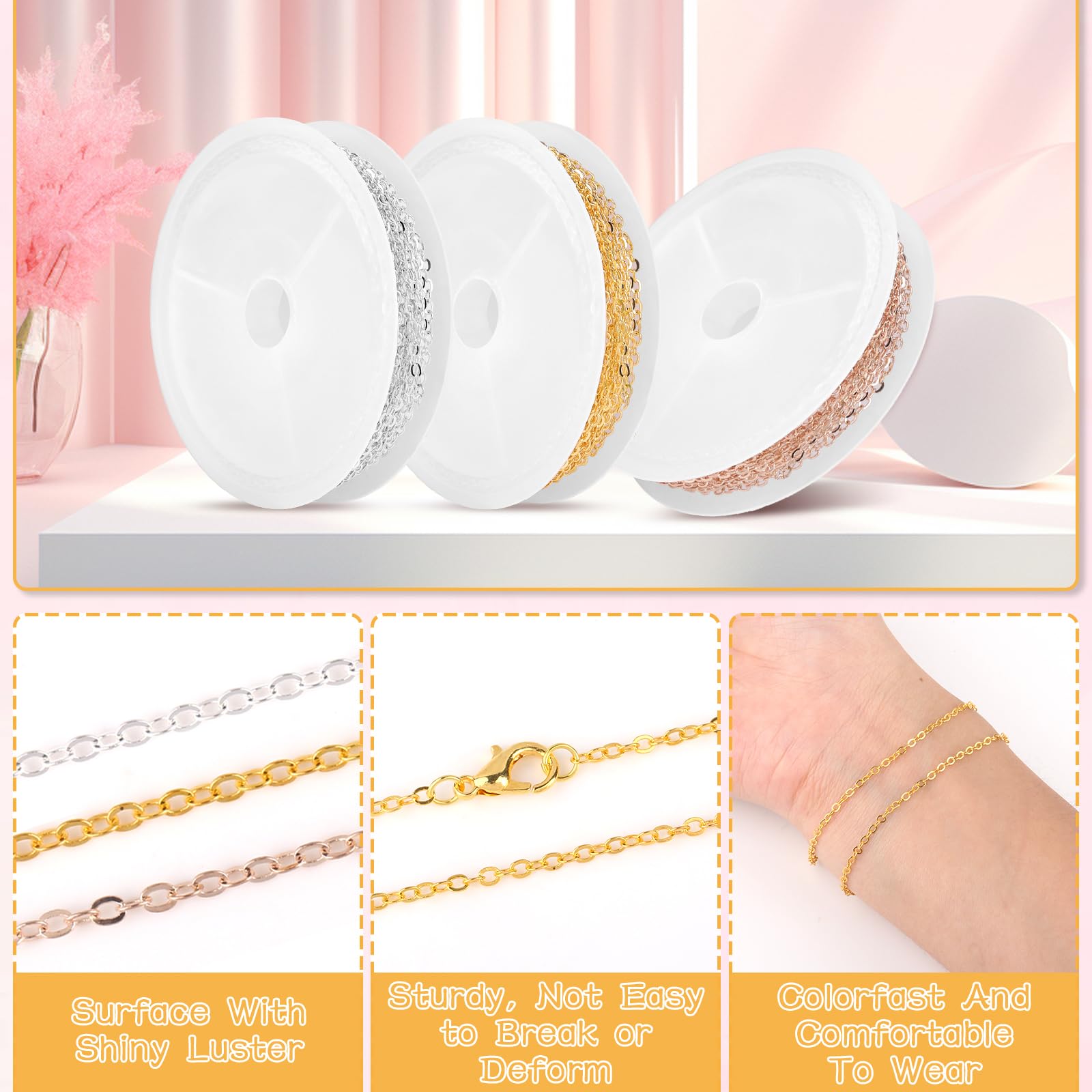 JIANGZHIB 3 Rolls 300 cm Link Chain, 3 Colours Chains, Rose Gold, Gold and Silver - Image 3