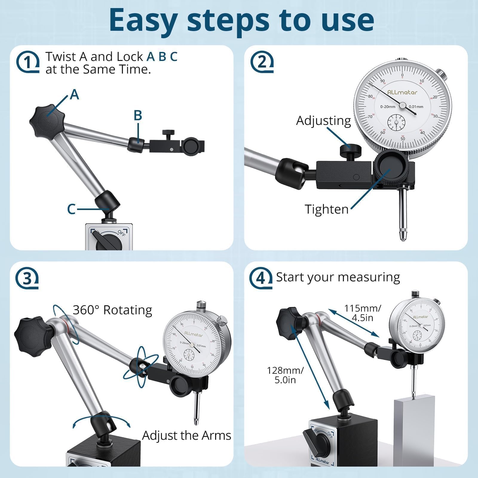 Reloj Comparador 0-20mm con Base Magnética 80kg 0.01mm Indicador de Dial con Soporte de Brazo Ajustable para Maquinaria Industria