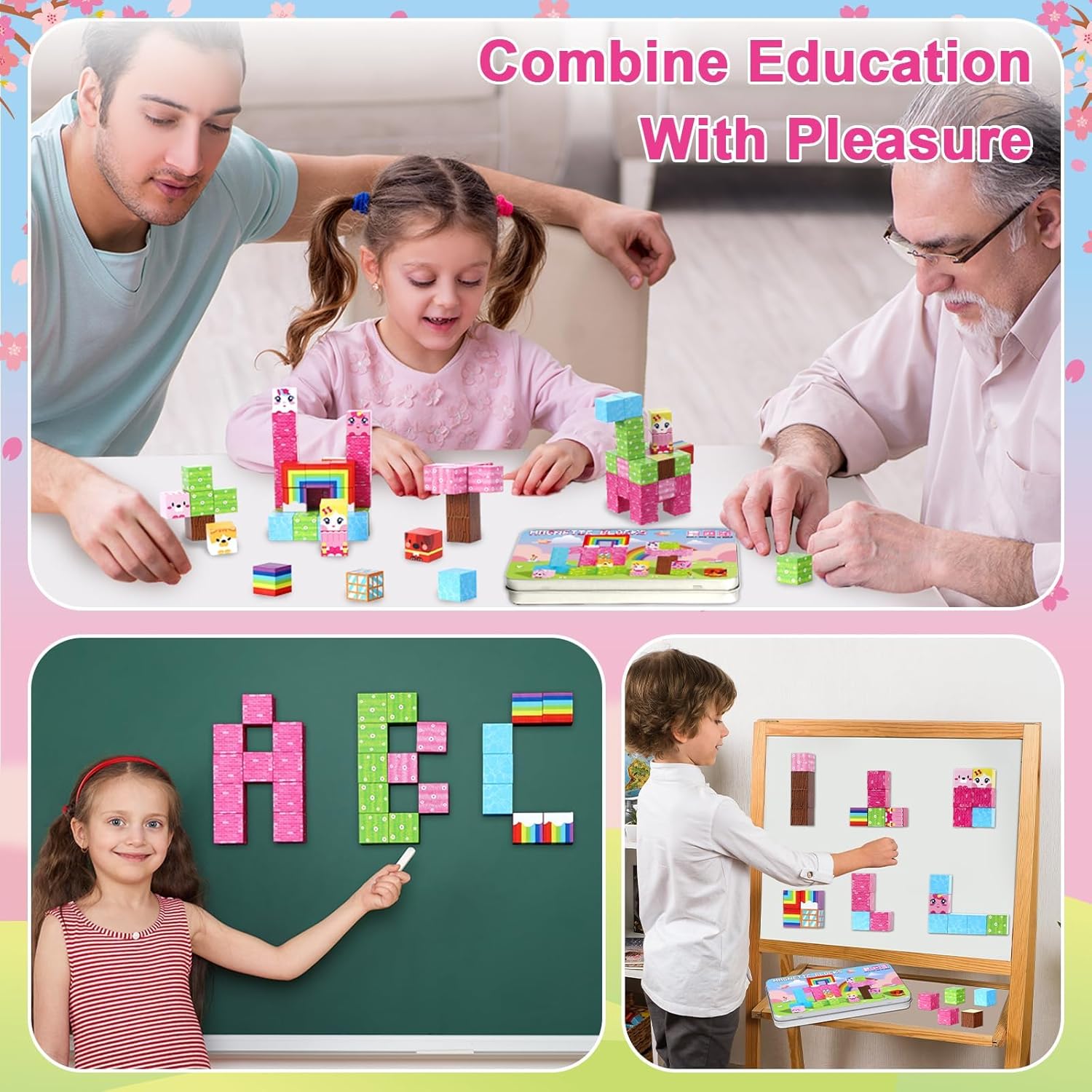 QOUBAI 45PCS Mini Magnetic Building Blocks Travel Toys, Magnet Cubes Tiles Set with Case, Birthday Classroom Learning Gifts for Kids Toddlers, Boys & Girls Ages 3-8 (Unicorn Rainbow)