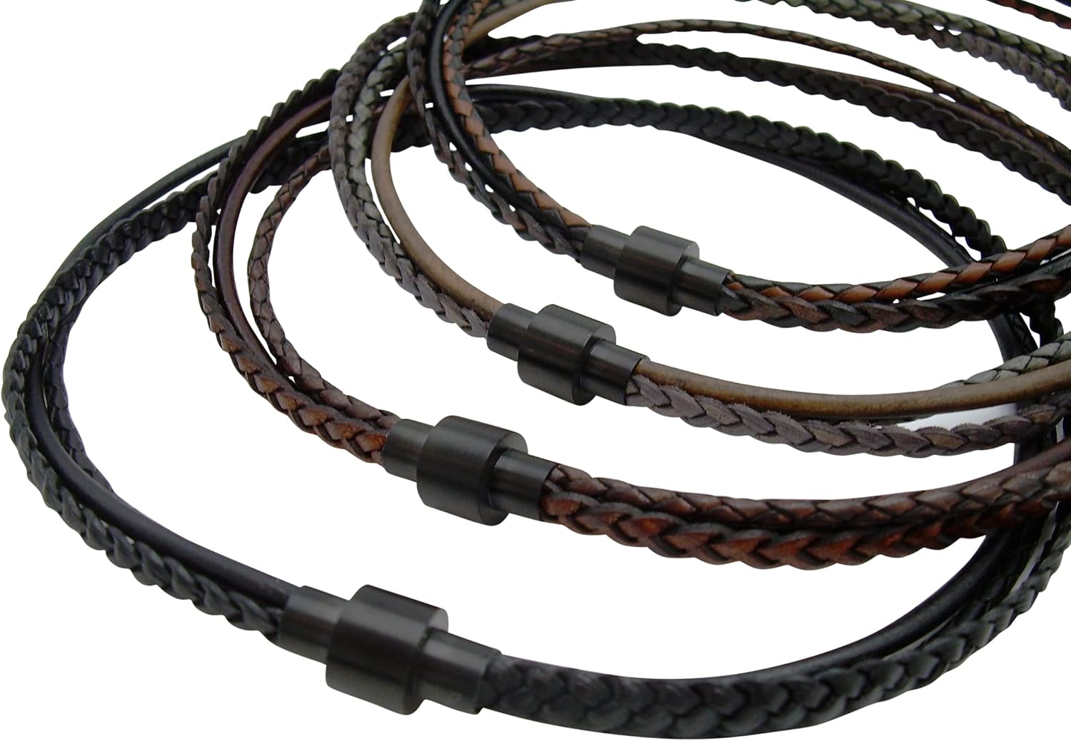 Handmade Triple Strand Braided and Smooth Leather Cord Chain Necklace with a Matted Black Stainless Steel Clasp - Genuine Leather Necklace for Men Women Available sizes: 16,18,20,22,24 inch or Custom