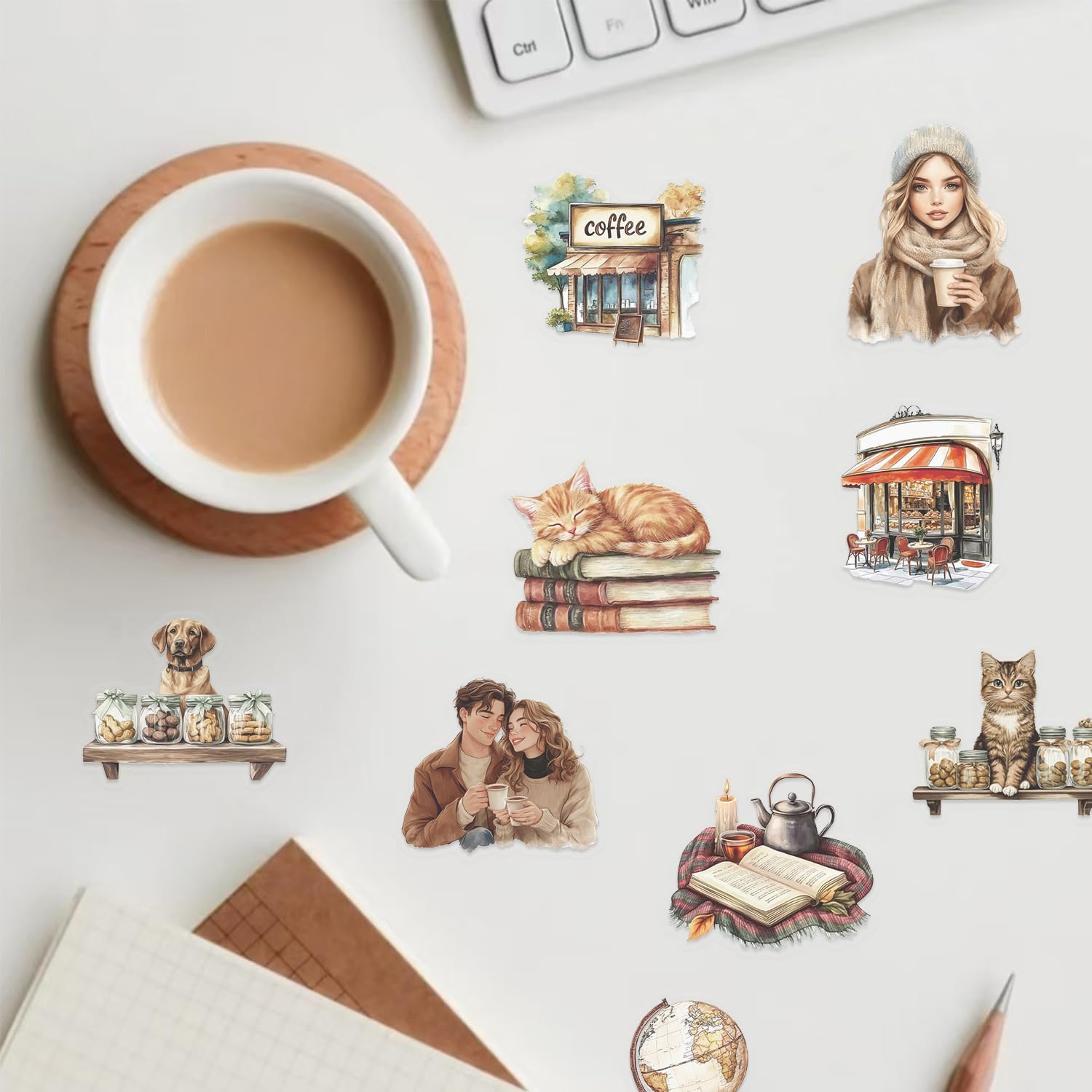 50PCS Retro Coffee Stickers for Scrapbooking Journaling Junk Journal Scrapbook Supplies - Waterproof Transparent PET Aesthetic Decals for Resin Crafts Decorative Art Crafts (Coffe)