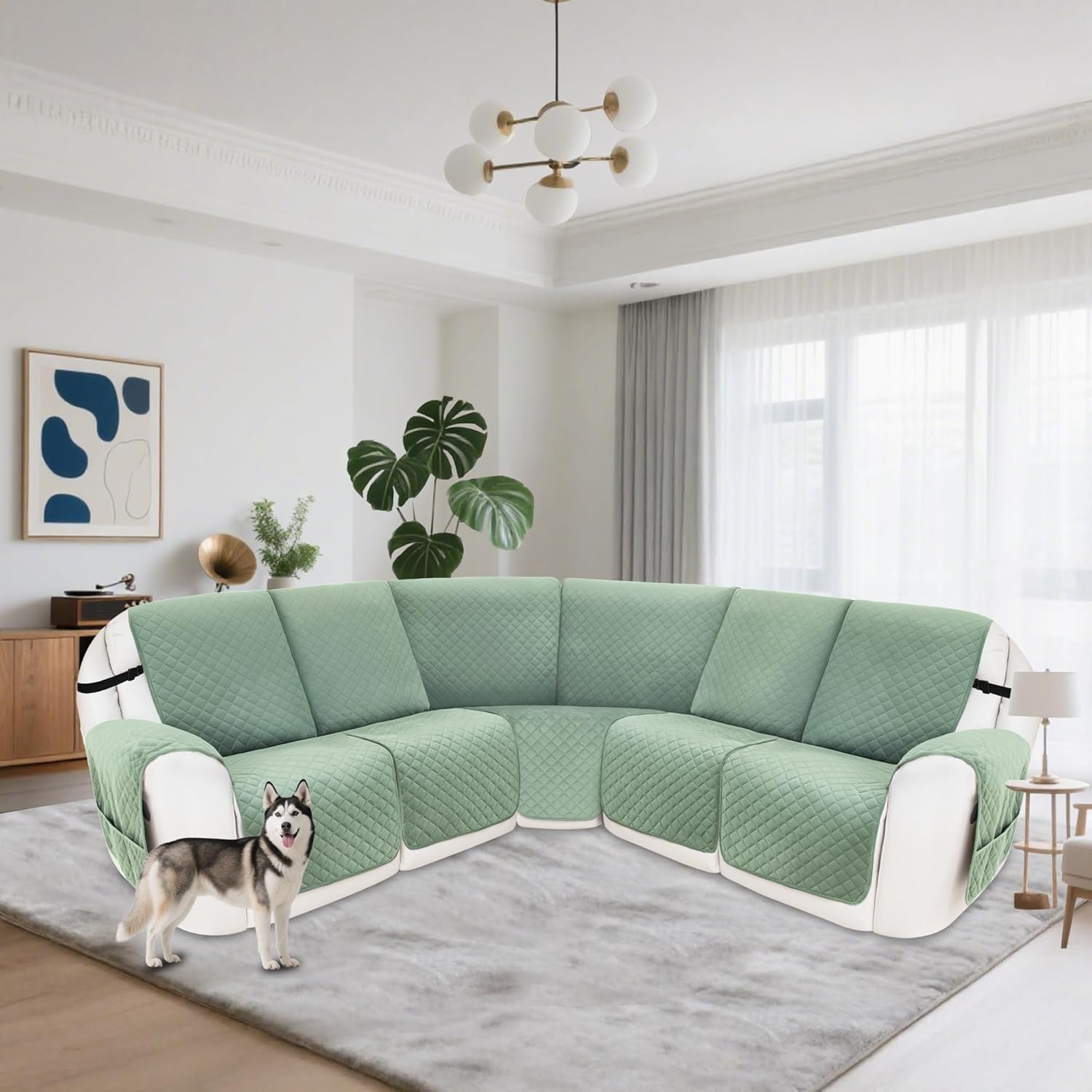 Reclining Sectional Couch Covers 100% Waterproof Velvet L Shape Recliner Sofa Cover for Dogs Pets Washable Anti Slip Recliner Slipcovers with Pockets (5 Seat Sofa, Sage Green)