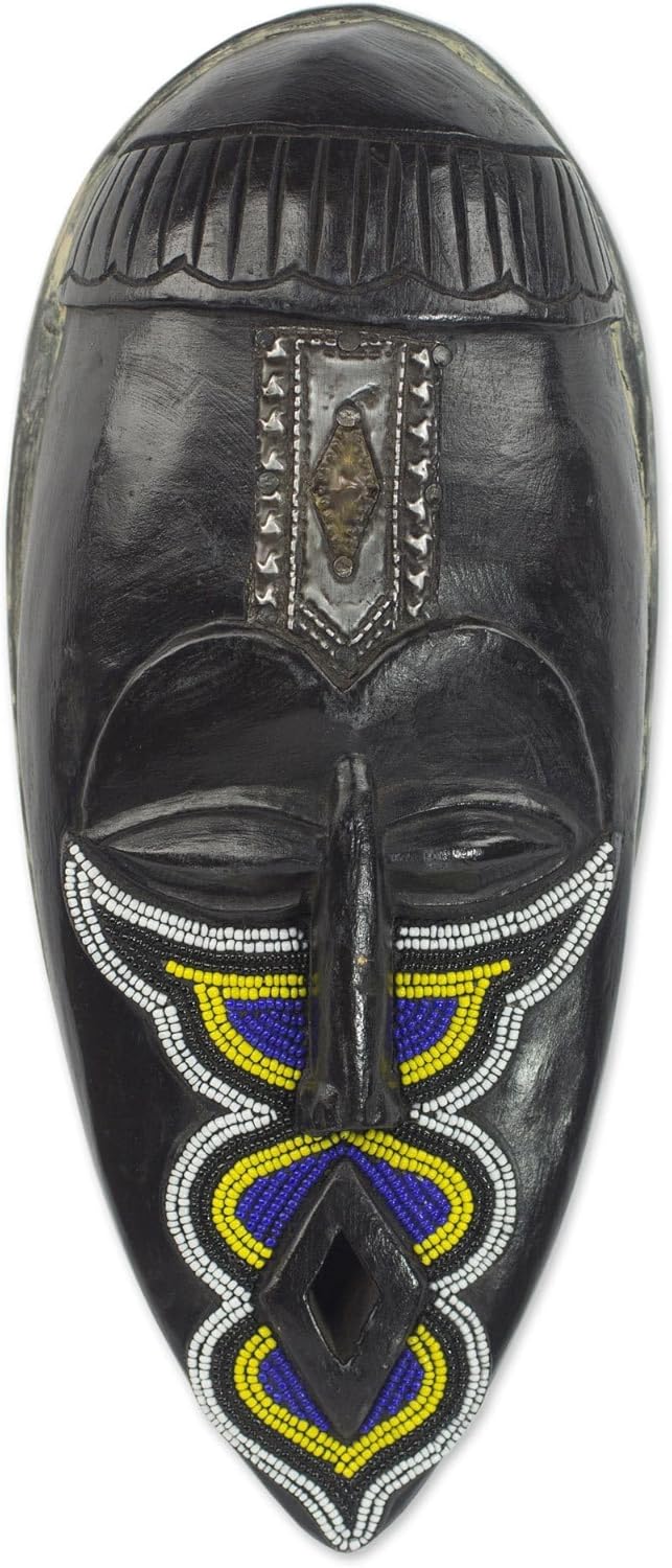 NOVICA Artisan Handcrafted African Wood Mask Ghanaian with Recycled Glass Beads Black Blue Yellow White Masks [13.5in H x 6in W x 3.3in D] ' Fakye'