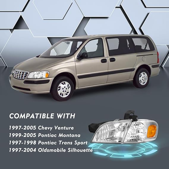 TUSDAR Halogen Headlight Assembly for 1997-2005 Chevy Venture Easy Install | 99-05 Pontiac Montana/97-04 Oldsmobile Silhouette Pair Set Waterproof Chrome Housing