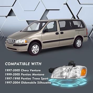 TUSDAR Halogen Headlight Assembly for 1997-2005 Chevy Venture Easy Install | 99-05 Pontiac Montana/97-04 Oldsmobile Silhouette Pair Set Waterproof Chrome Housing