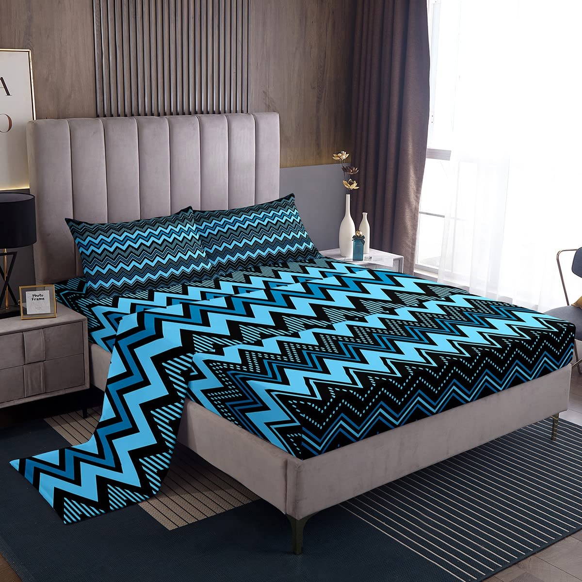 Navy Blue Abstract Art Bed Sheets Lines Stripes Sheet Set for Kids Boys Girls Geometric Stripes Bed Set Serrated Bed Sheets King Size