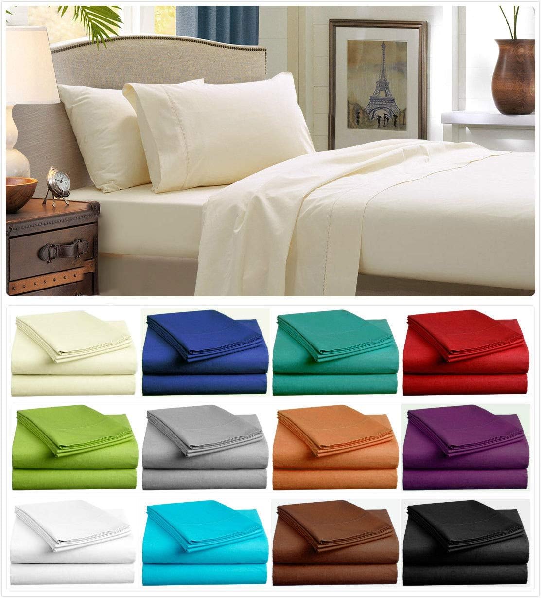 4 Piece Plain Bed Sheets Set In 22 Colors - (Flat Sheet + Fitted Sheet + Pair Of Pillow Cases) - Easy Care Non-Iron Poly Cotton Fabric (Navy, Single - Sheets Set)