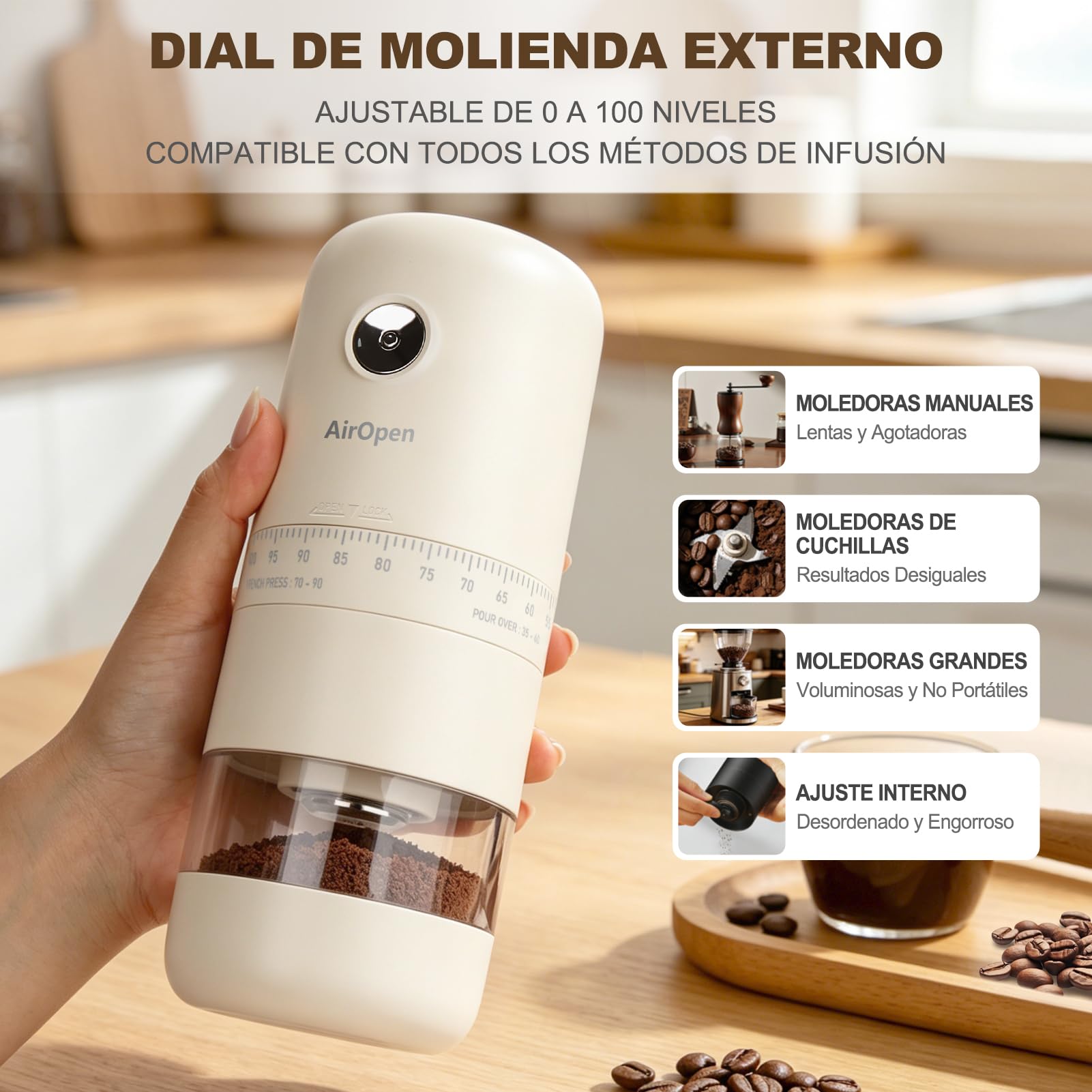 Molino de café eléctrico de acero inoxidable - Equipado con un mecanismo de molienda de cerámica ajustable para espresso, cafetera a pistón y filtro de café - Ideal para viajes, camping y casa.
