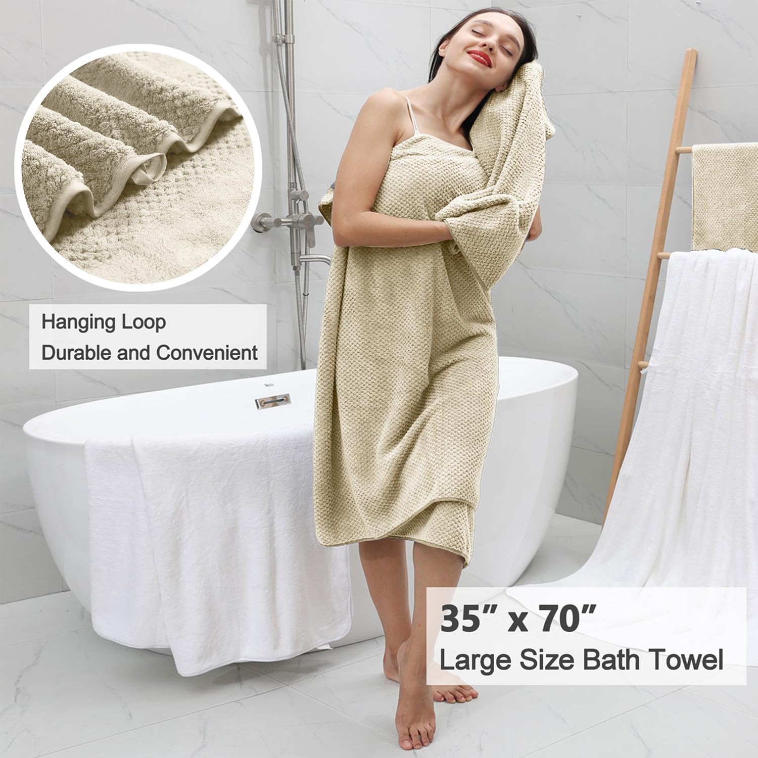 8 Piece Large Camel Family Bath Towel Set-2 Oversized Bath Towel Sheets,2 Hand Towels,4 Washcloths-600GSM Soft Highly Absorbent Quick Dry Beach Chair Towel Woven Towels for Bathroom Hotel and Spa - Image 4