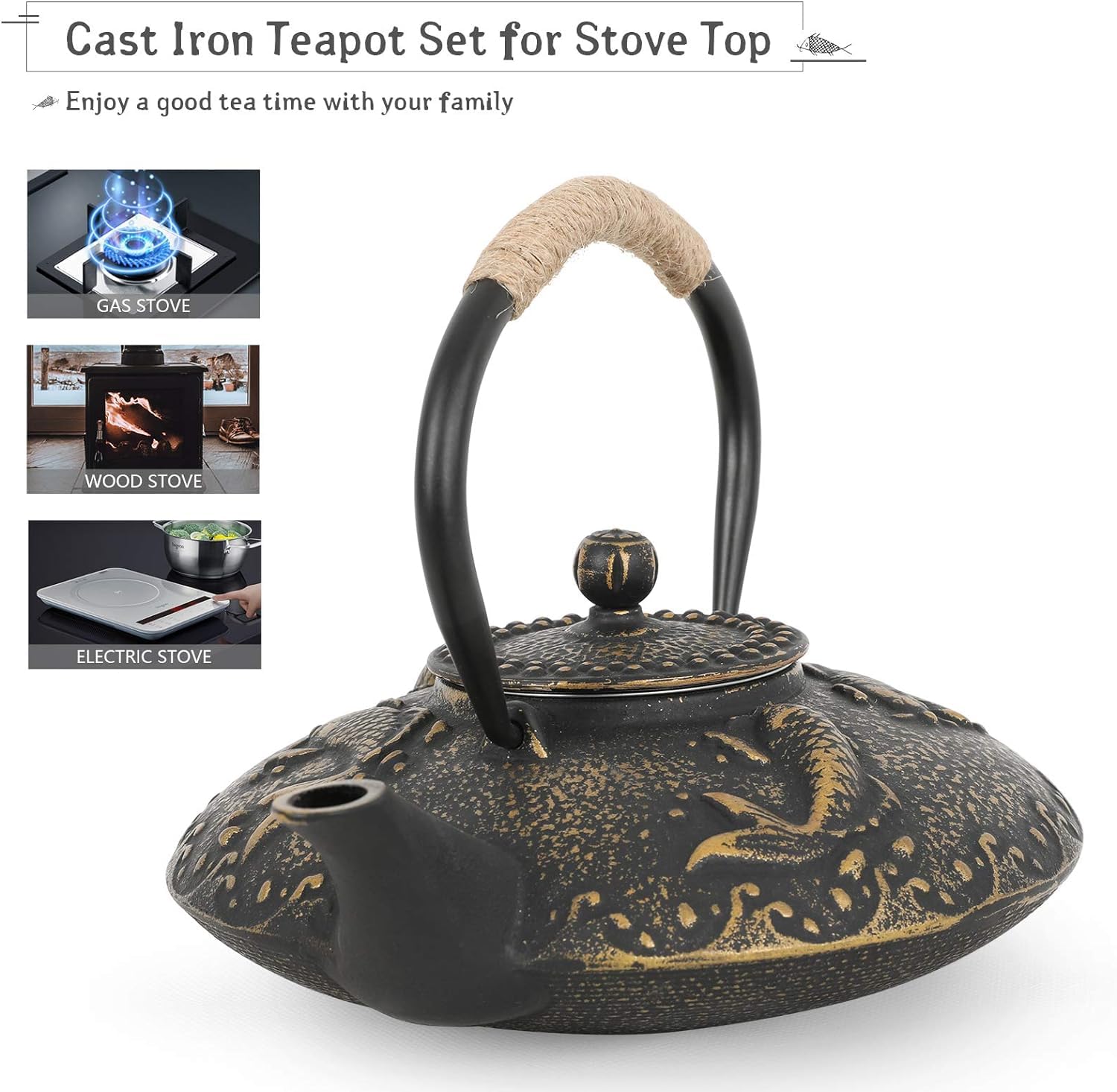 Glaceon Japanese Style Cast Iron Teapot with 4 Tea Cups Trivet Tetsubin Stovetop,Cast Iron Teapot Stove Kettle Safe Coated with Enamelled, Tea Kettle with Infuser Chinese Iron Tea Pot Tea Set (GL-03) 3