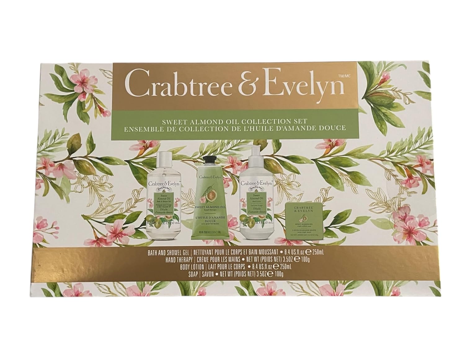 Crabtree & Evelyn Sweet Almond Oil Collection Set (Bath & Shower Gel 8.4 fl oz, Hand Therapy 3.5 oz, Body Lotion 8.4 fl oz, Bar Soap 3.5 oz)