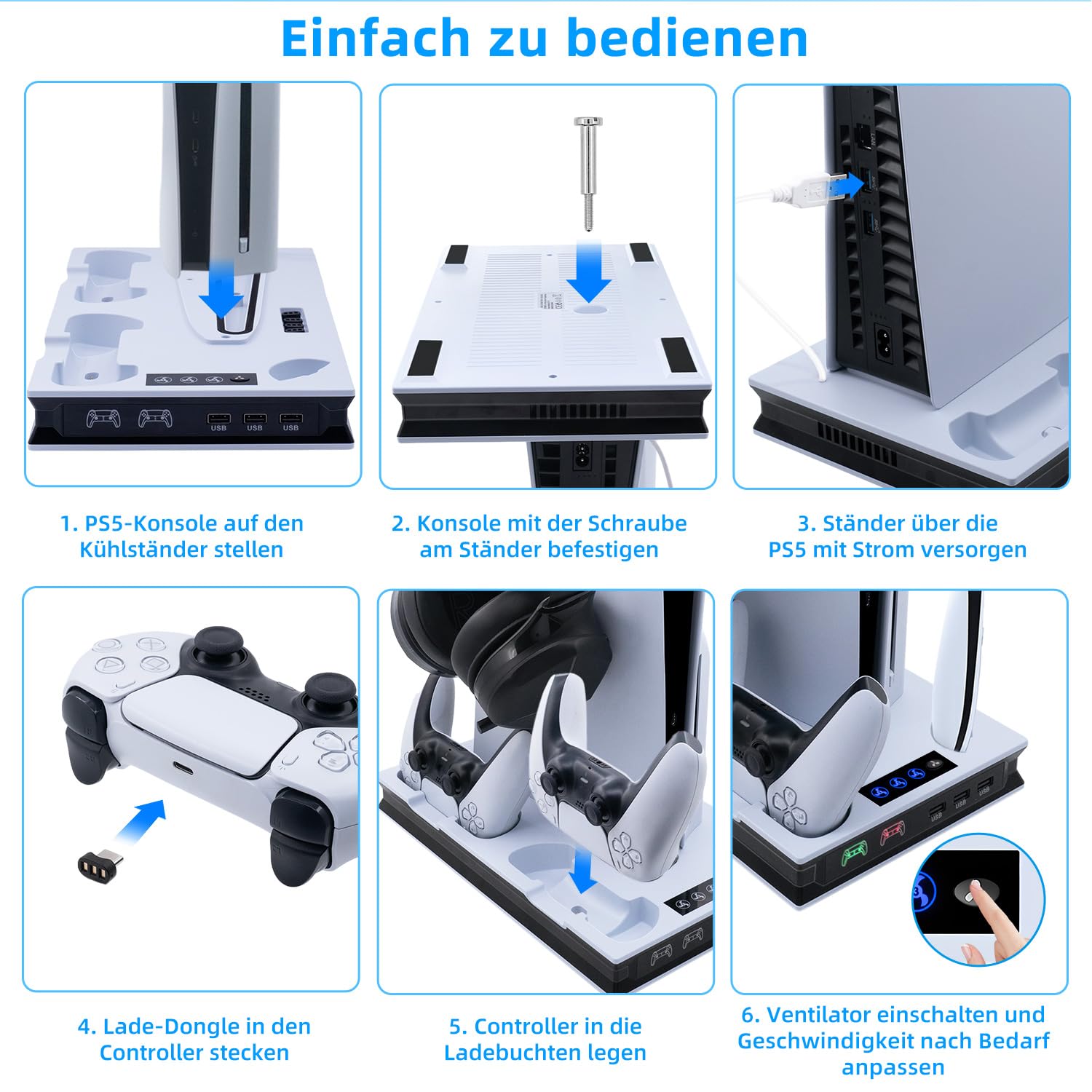 Mcbazel PS5 Pro/ PS5/ PS5 Slim Ladestation Ständer mit 3 Stufig Lüfter und Licht, PS5 Ständer Controller Ladestation LED Standfuß mit Magnet für PS5 Pro/PS5 /PS5 Slim UHD/Digital Edition - Weiß