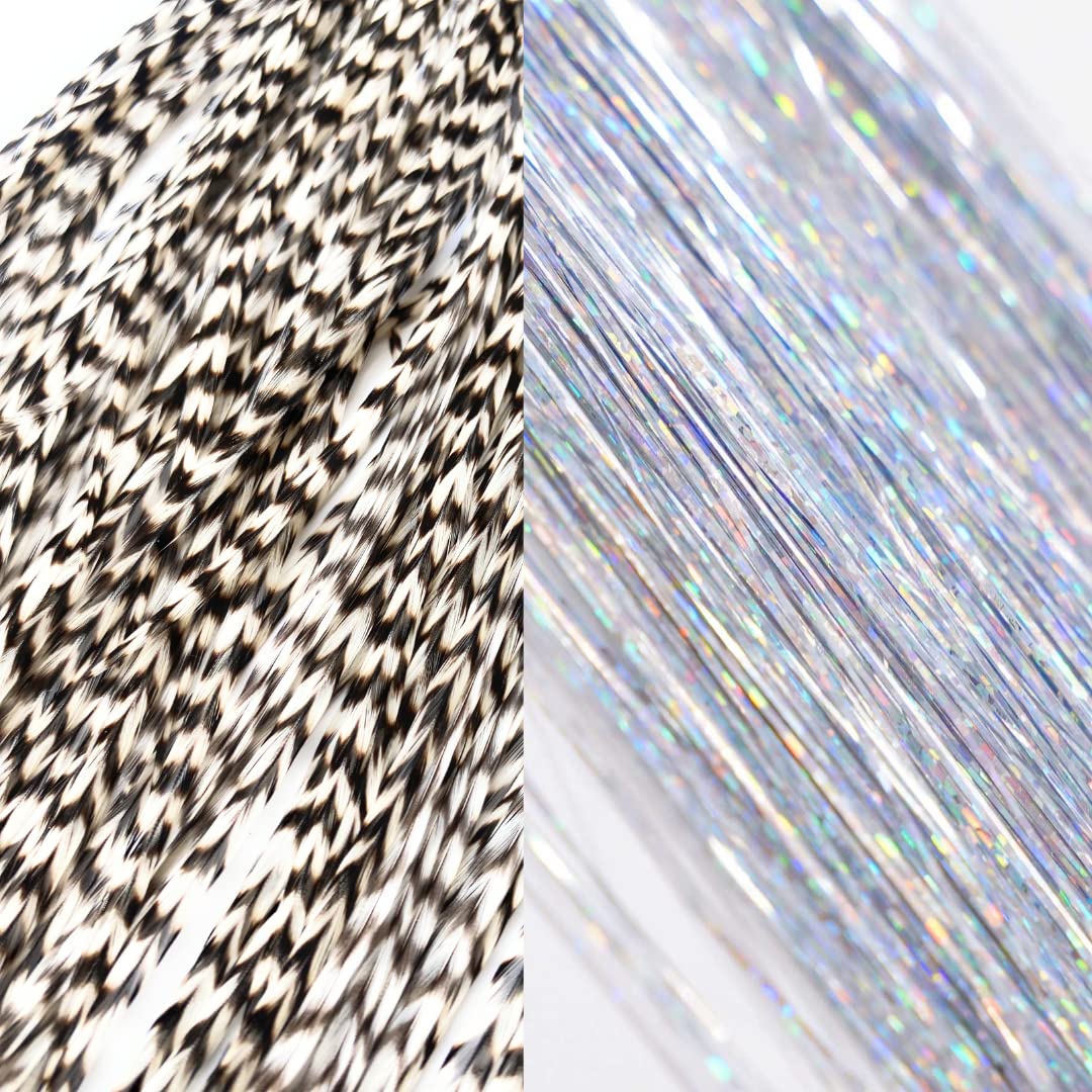 Hair Feathers and Tinsel Kit Tool Kit, Natural black and White Striped feathers and