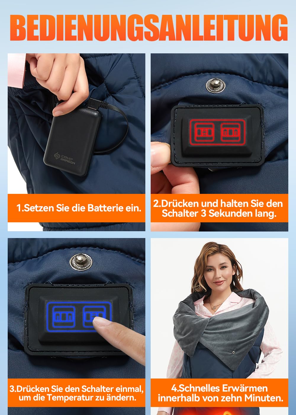 Coperta elettrica senza fili, con batteria da 20000 mAh, 7,4 V, per uomo e donna, 132 x 110 cm, portatile, con 8 zone di riscaldamento e 3 livelli di temperatura per casa e ufficio
