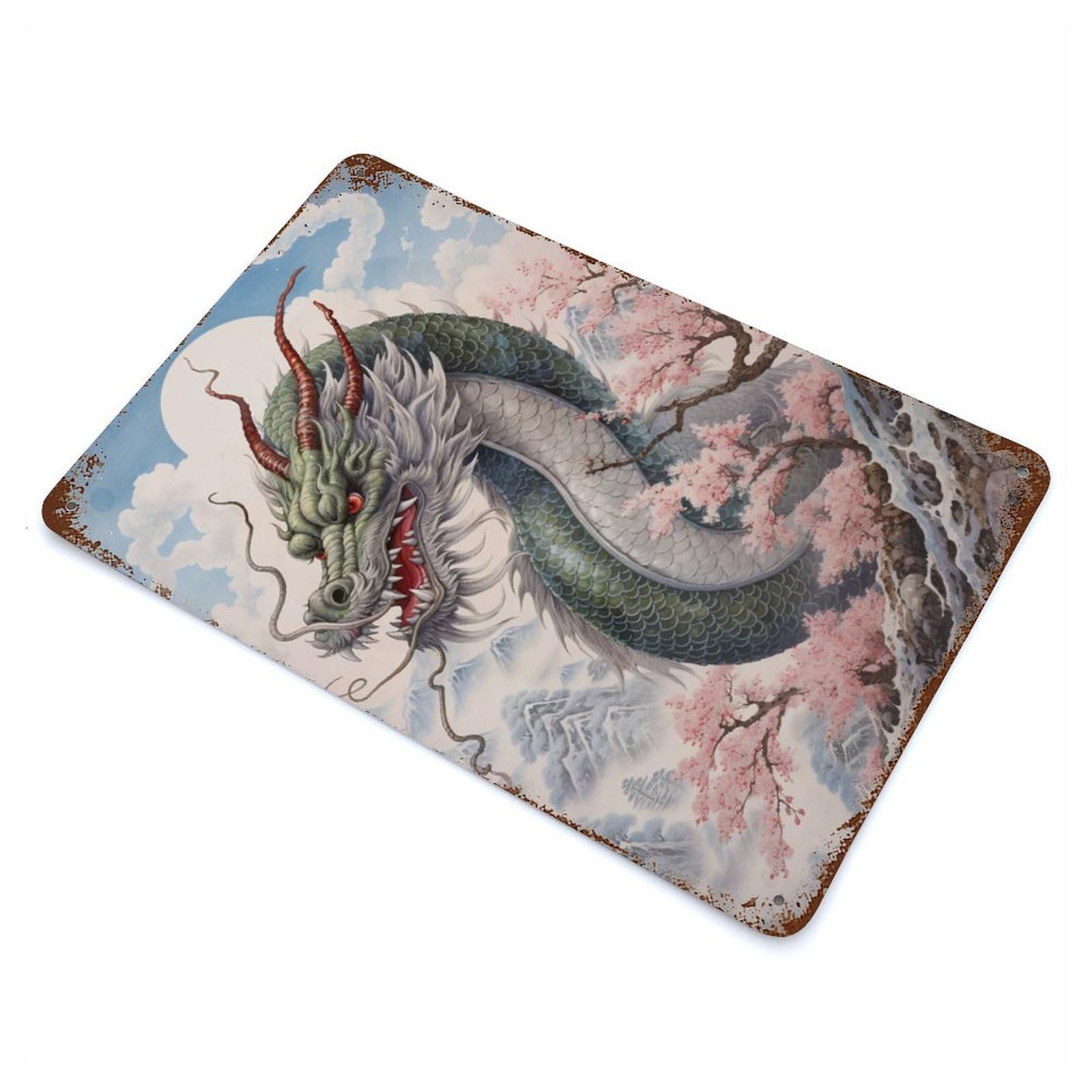Sakura Dragon Chinese Decorative Tin Sign 11.8"x7.9", for Farmhouse, Kitchen And Entryway Decor, Shabby Chic Decor