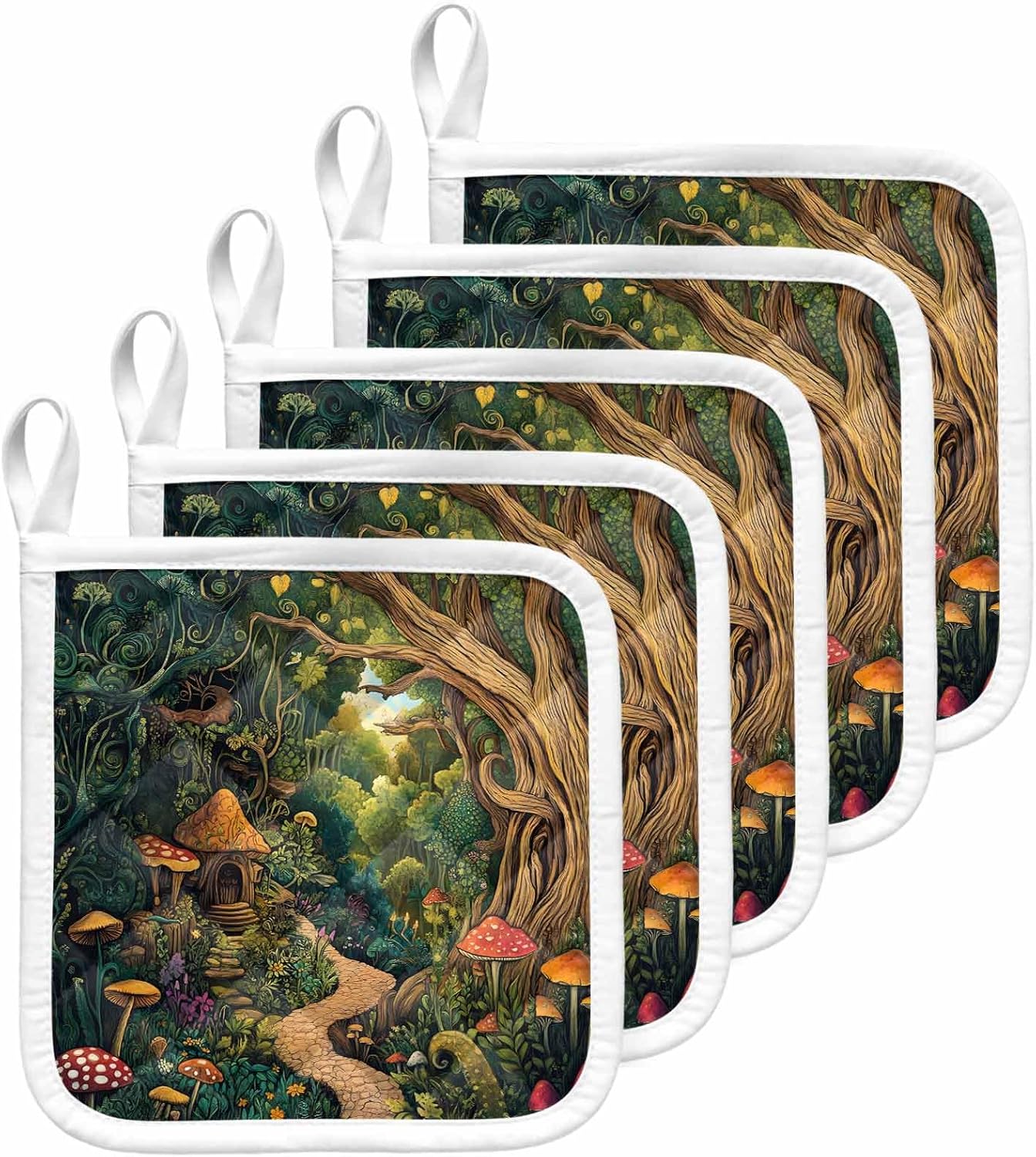 5 Pack Pot Holders for Kitchen, Forest Hot Pads for Kitchen Countertops Oven Pot Holder Bulk, Vintage Cottage Mushroom Tree Floral Green Heat Insulation Potholders with Hanging Loops
