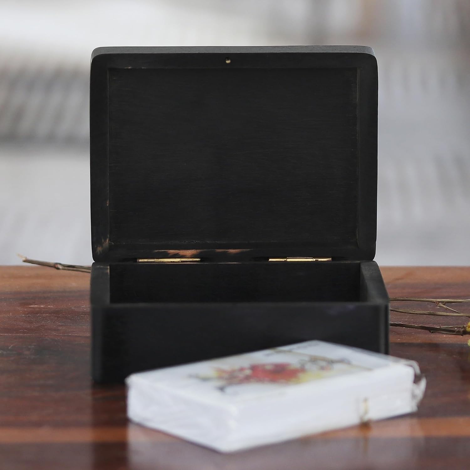 NOVICA Artisan Handmade Wood Deck Box Acacia with Playing Cards Metallic Black Woodsteel India Chess Sets Games Traditional Cultural [1.7in H x 4.3in W x 3.4in D] 'Challenging Luck'